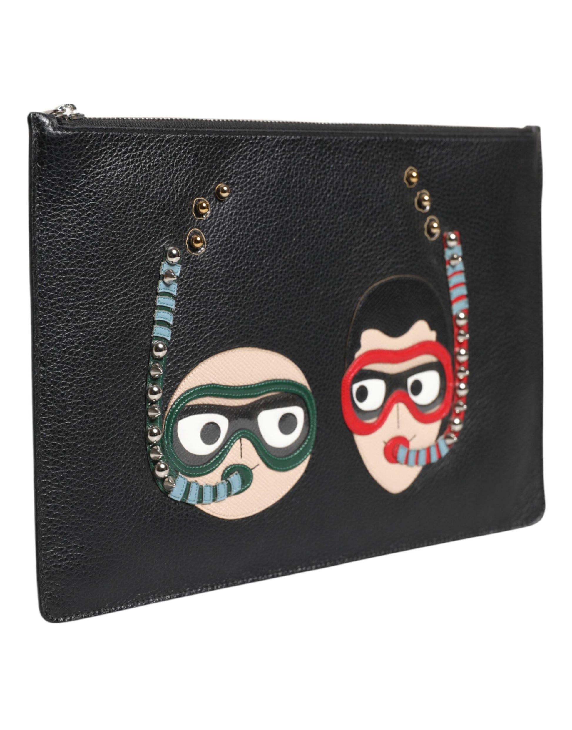 Dolce & Gabbana Black Leather #DGFAMILY Embellished Men Clutch Pouch Bag - ACCEXO