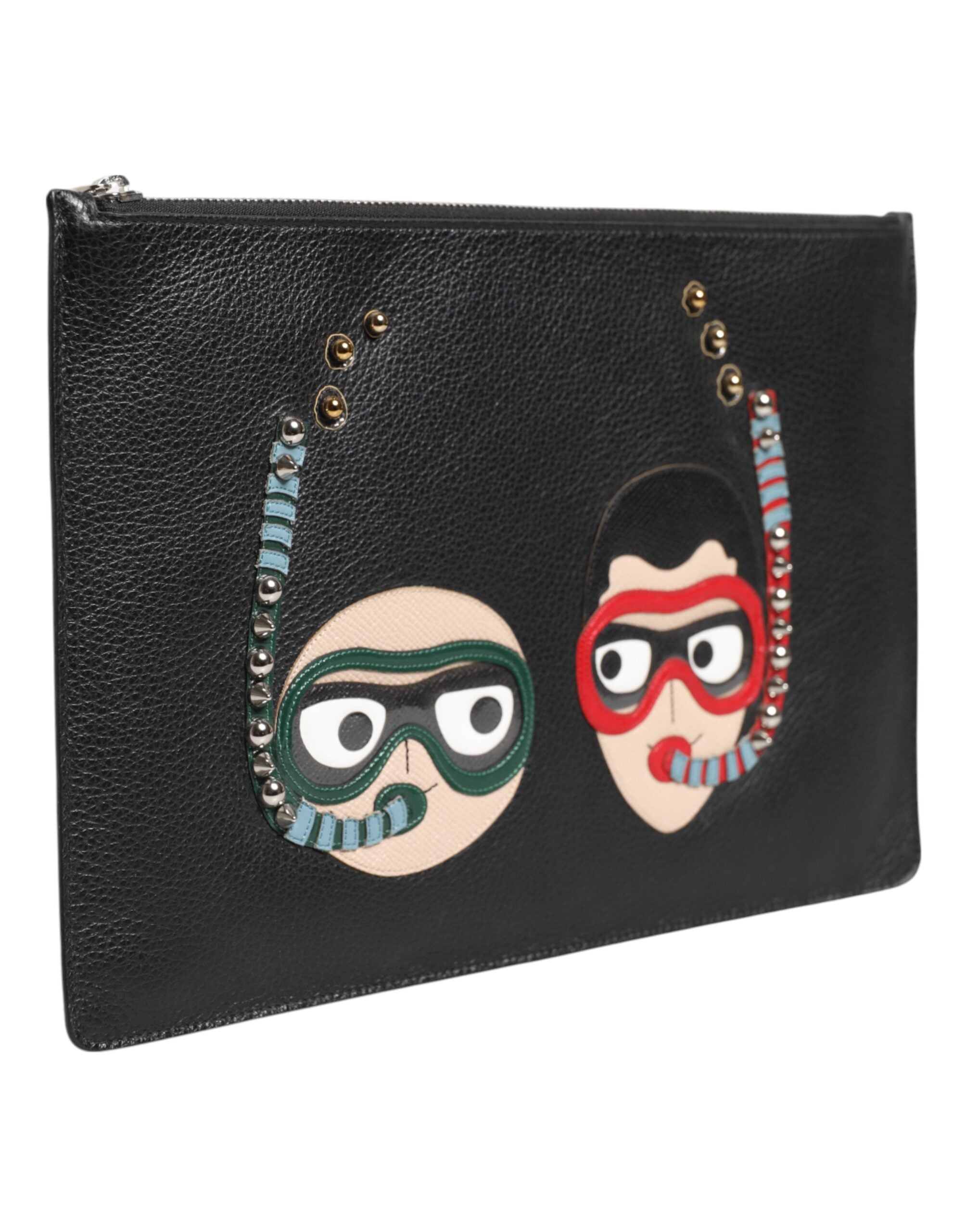Dolce & Gabbana Black Leather #DGFAMILY Embellished Men Clutch Pouch Bag - ACCEXO