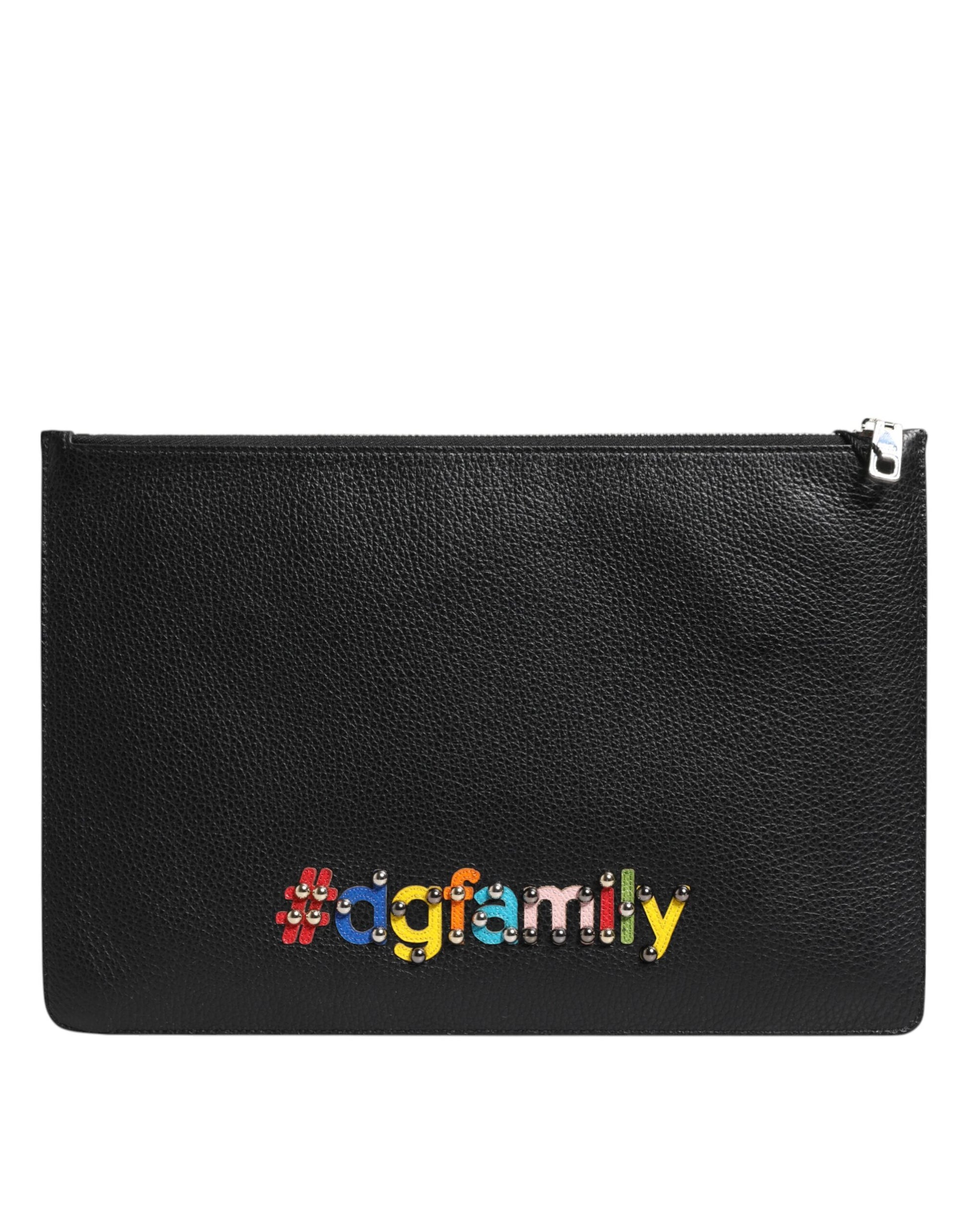 Dolce & Gabbana Black Leather #DGFAMILY Embellished Men Clutch Pouch Bag - ACCEXO
