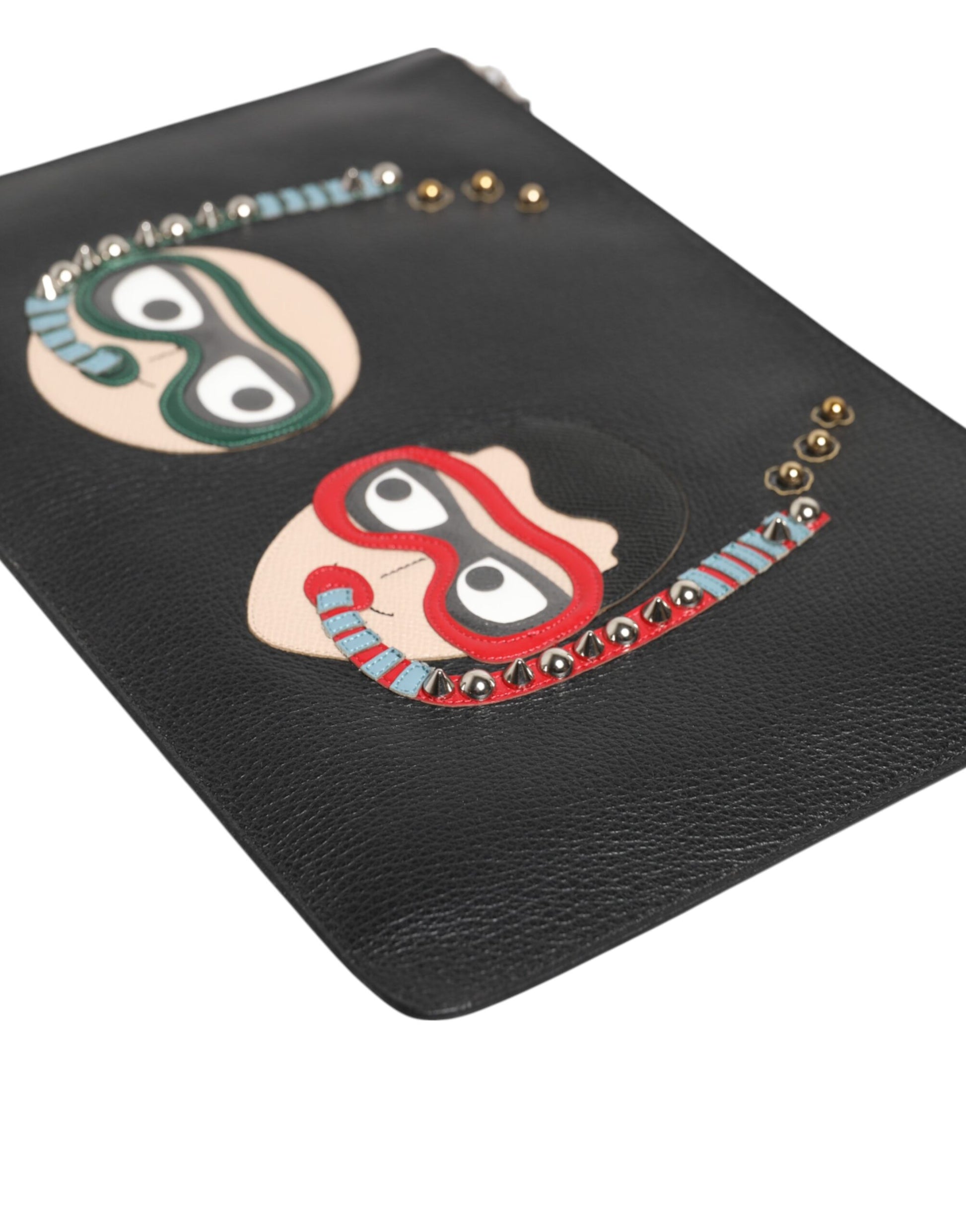 Dolce & Gabbana Black Leather #DGFAMILY Embellished Men Clutch Pouch Bag - ACCEXO