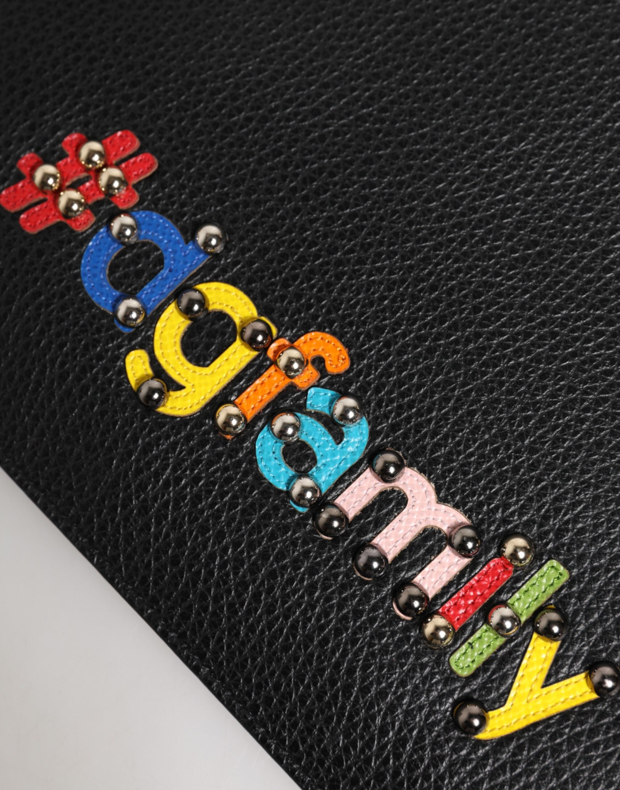 Dolce & Gabbana Black Leather #DGFAMILY Embellished Men Clutch Pouch Bag - ACCEXO