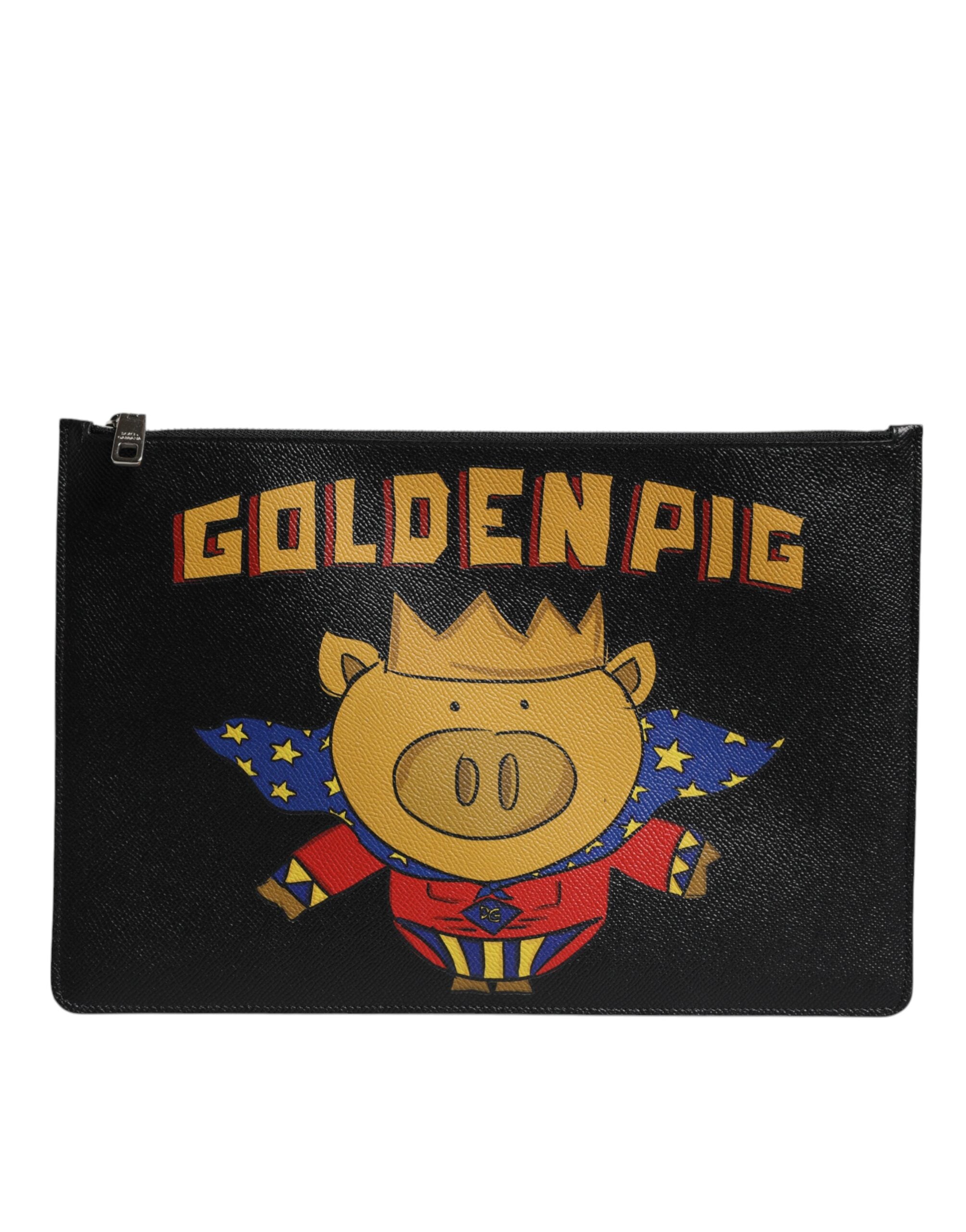 Dolce & Gabbana Black Leather Golden Pig Print Men Clutch Pouch Borse Bag - ACCEXO