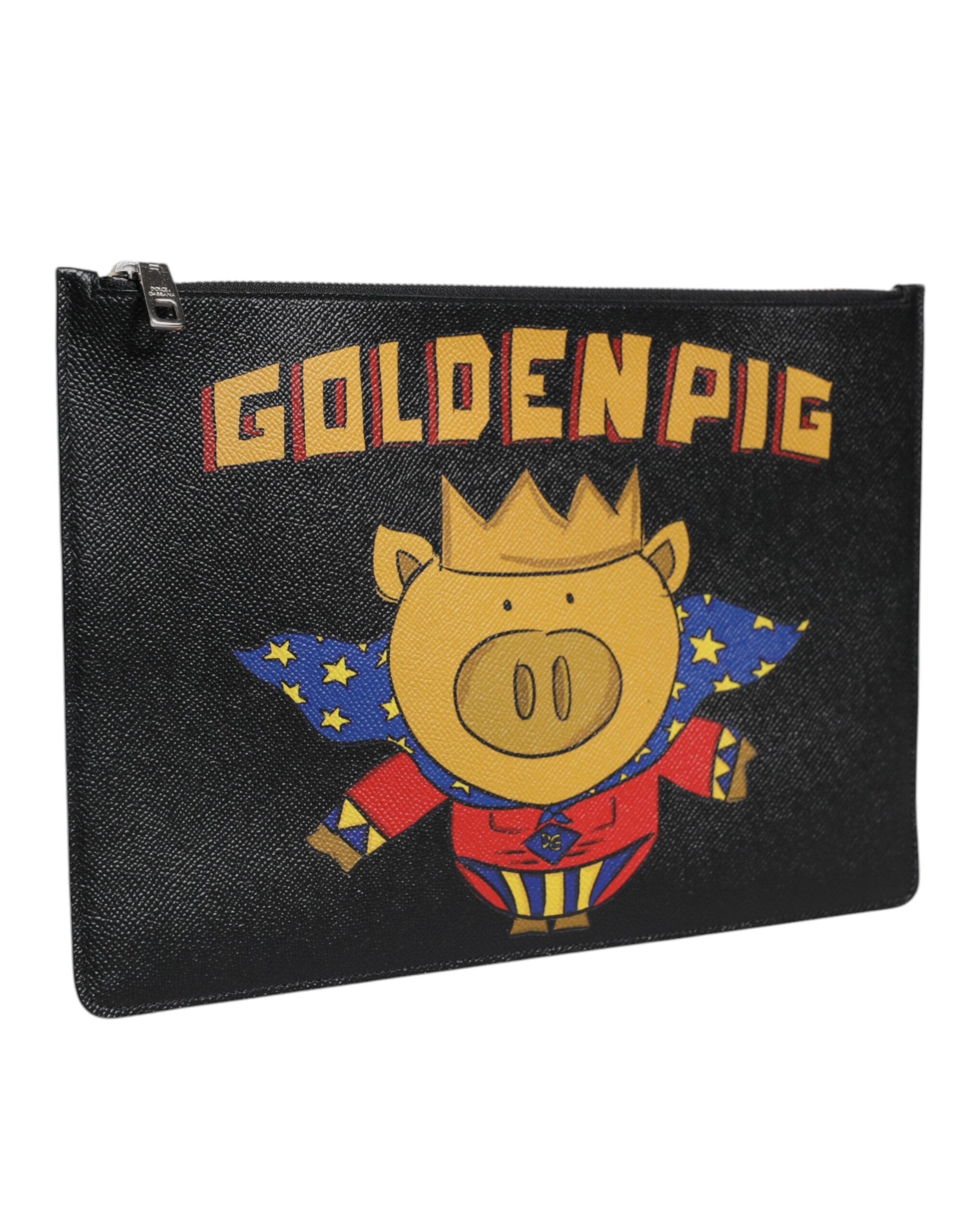Dolce & Gabbana Black Leather Golden Pig Print Men Clutch Pouch Borse Bag - ACCEXO
