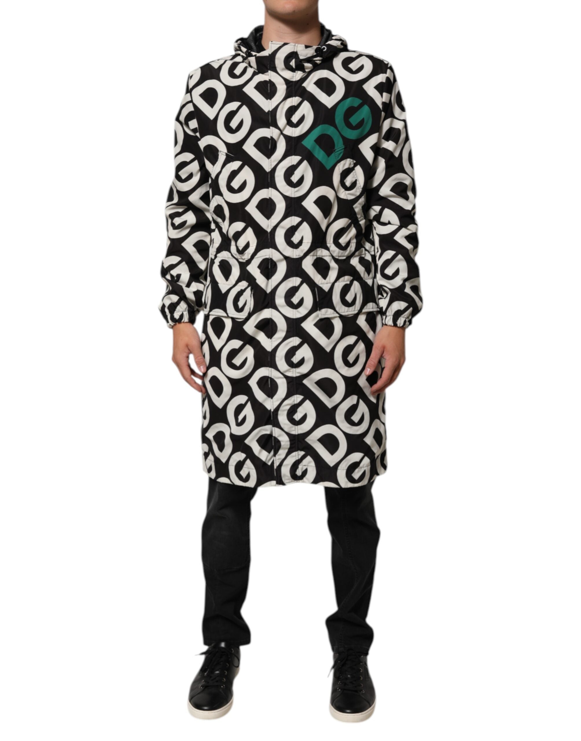 Dolce & Gabbana Black White Logo Print Hooded Coat Men Jacket - ACCEXO