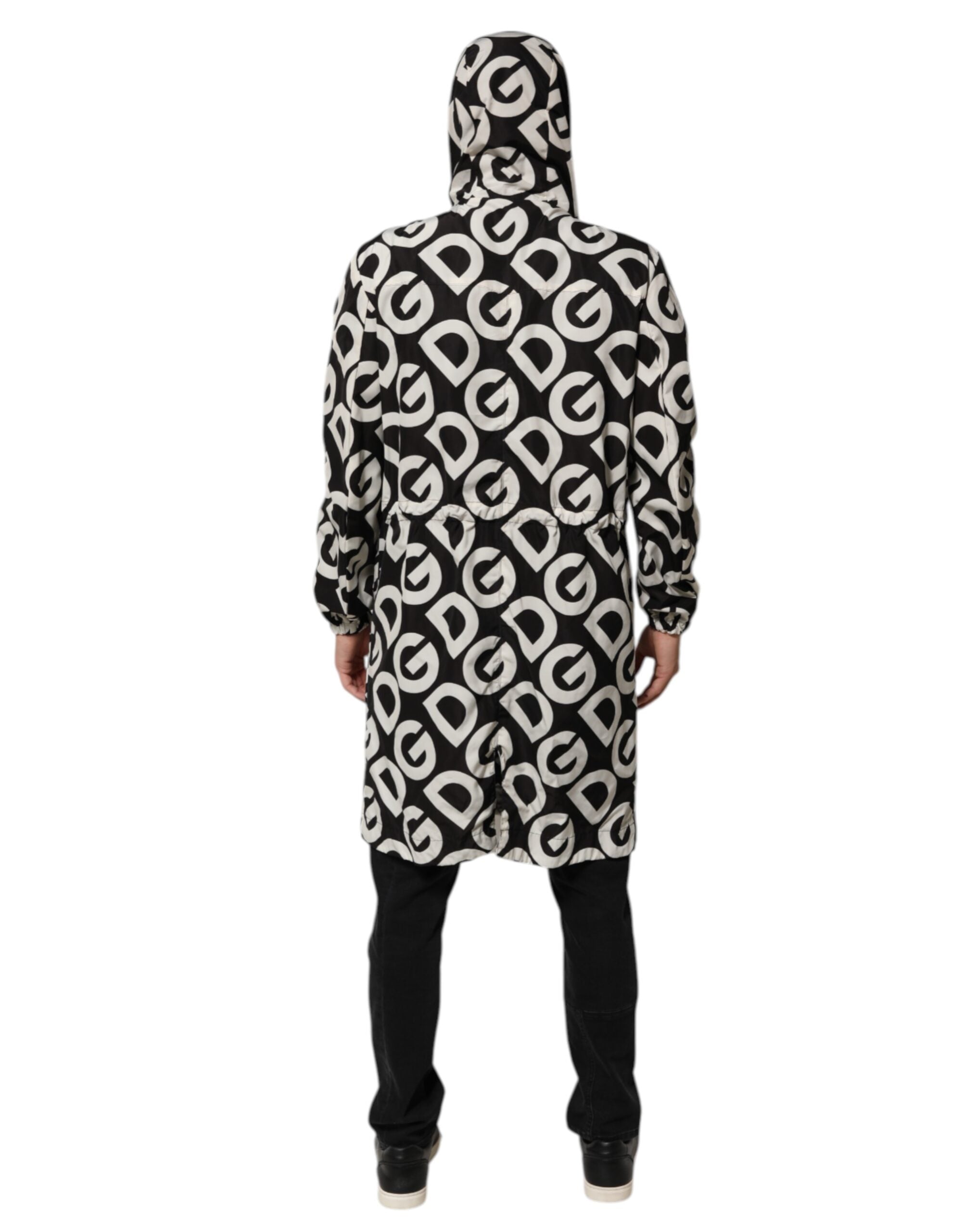 Dolce & Gabbana Black White Logo Print Hooded Coat Men Jacket - ACCEXO