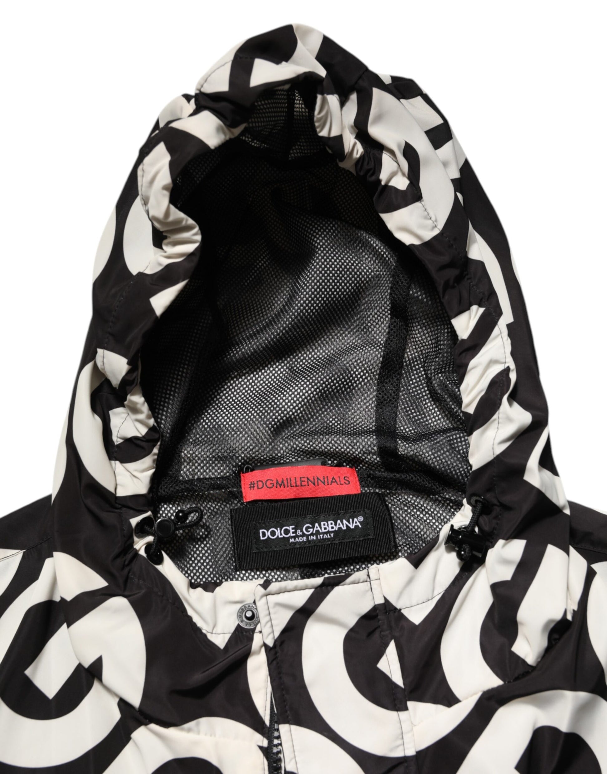 Dolce & Gabbana Black White Logo Print Hooded Coat Men Jacket - ACCEXO