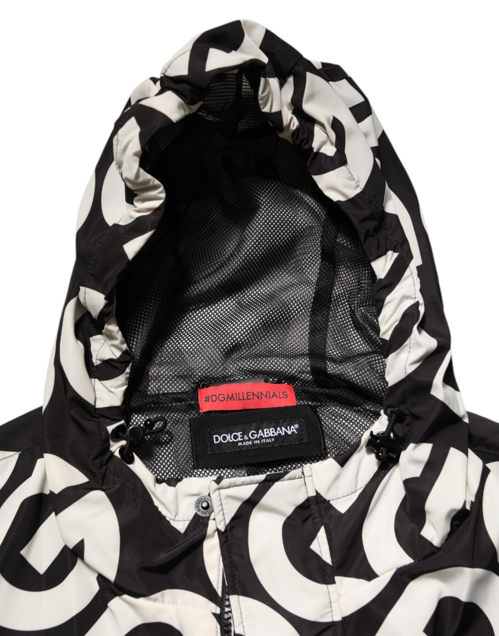 Dolce & Gabbana Black White Logo Print Hooded Coat Men Jacket - ACCEXO