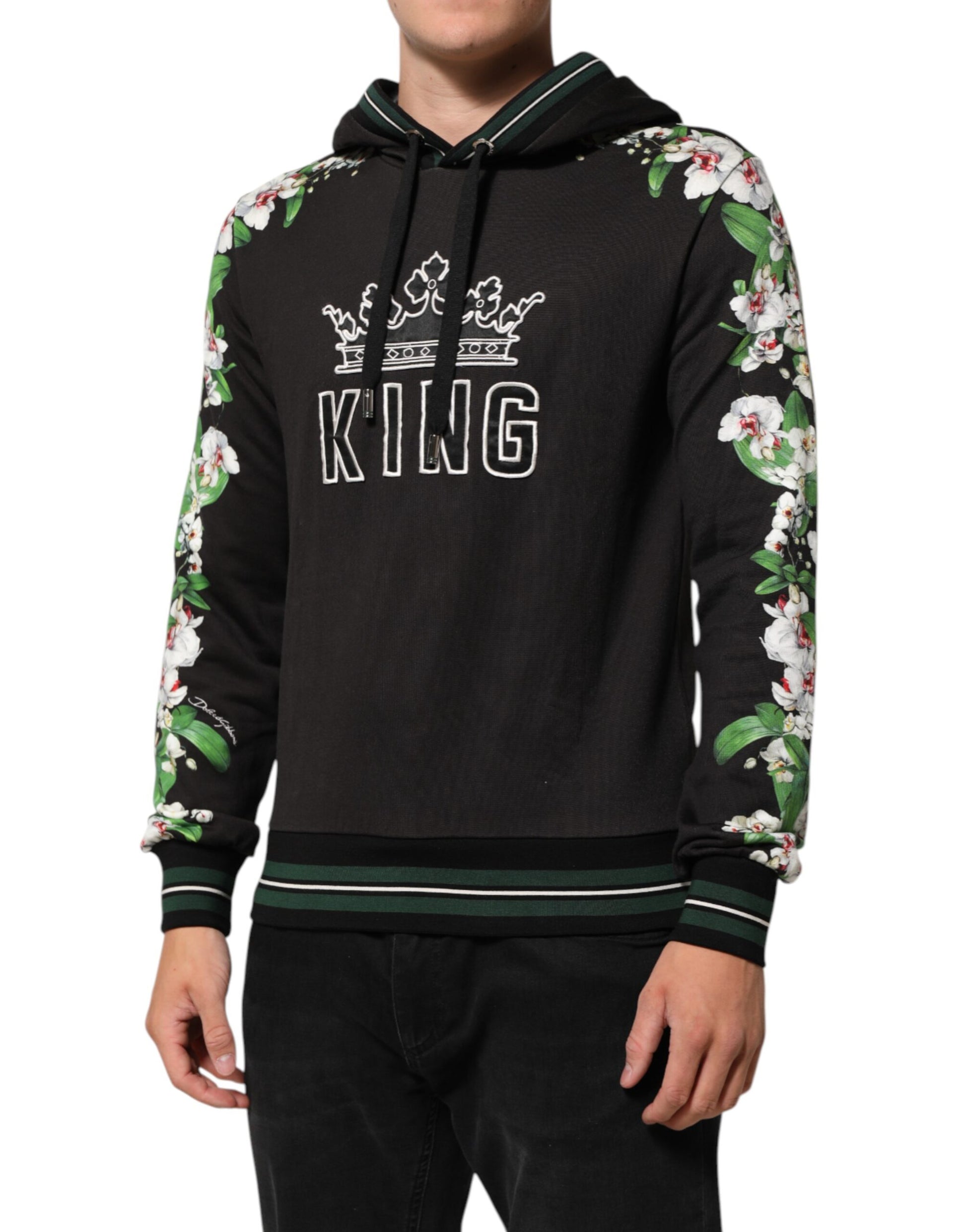 Dolce & Gabbana KING Black Orchid Floral Crown Logo Hoodie Sweater - ACCEXO