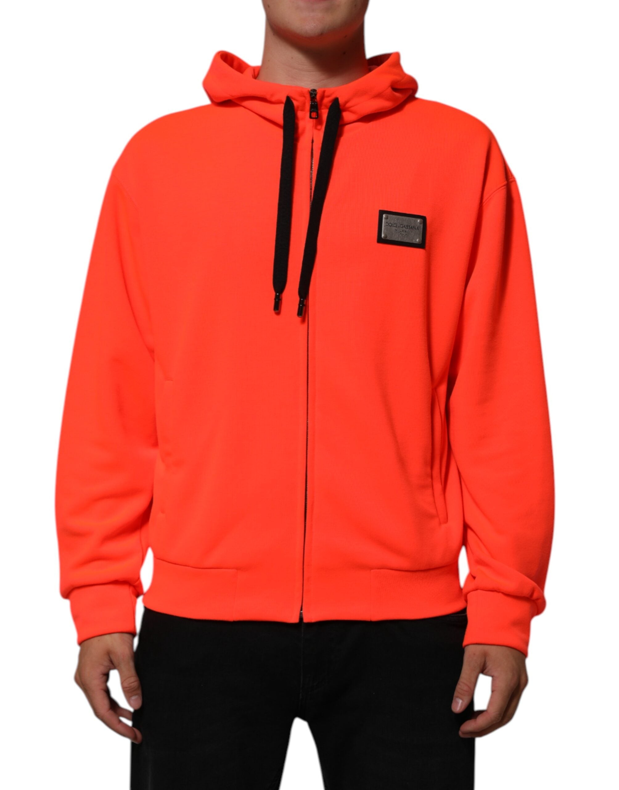 Dolce & Gabbana Red Fluorescent Polyester Logo Patch Hoodie Sweater - ACCEXO