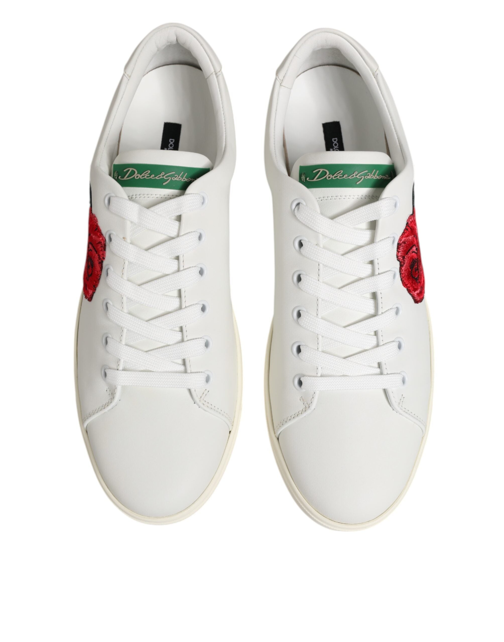 Dolce & Gabbana White Leather Rose Embroidery Low-Top  Shoes - ACCEXO