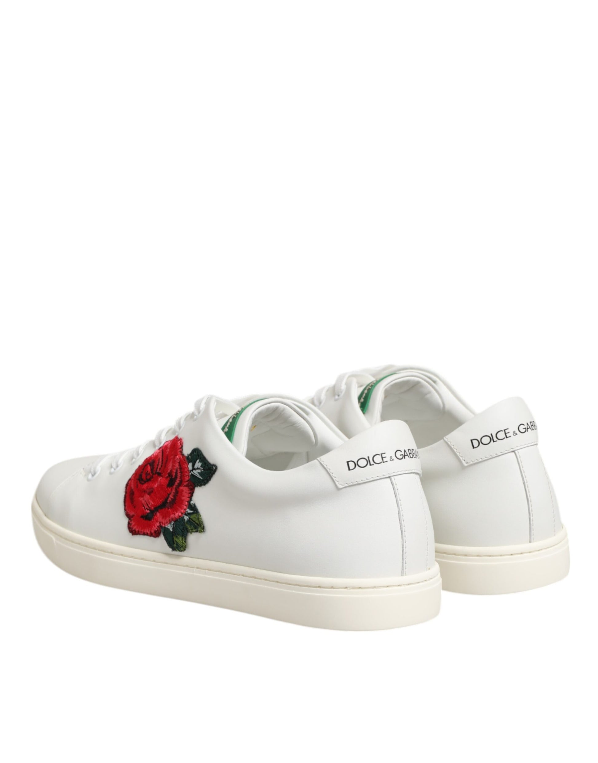 Dolce & Gabbana White Leather Rose Embroidery Low-Top  Shoes - ACCEXO