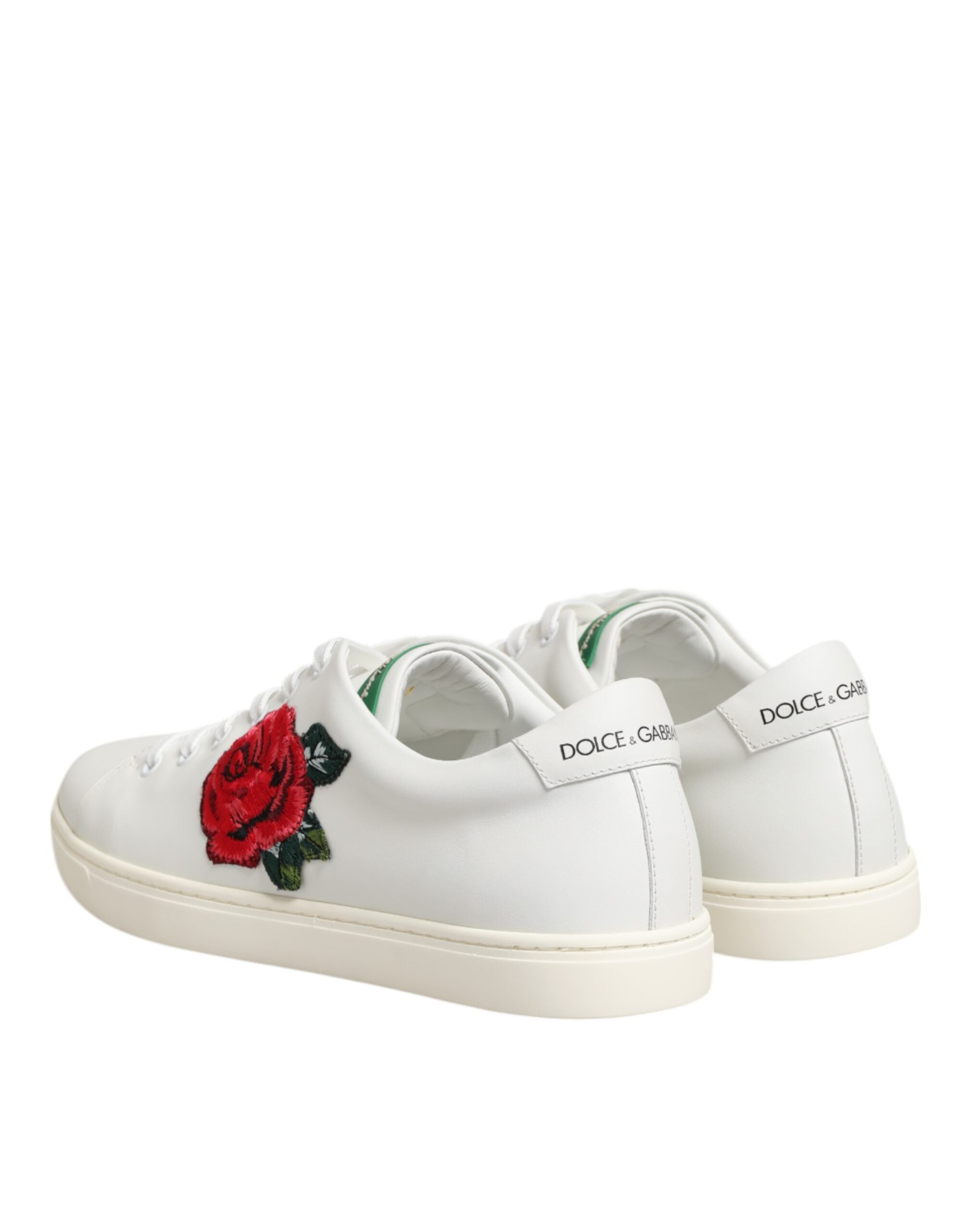 Dolce & Gabbana White Leather Rose Embroidery Low-Top  Shoes - ACCEXO