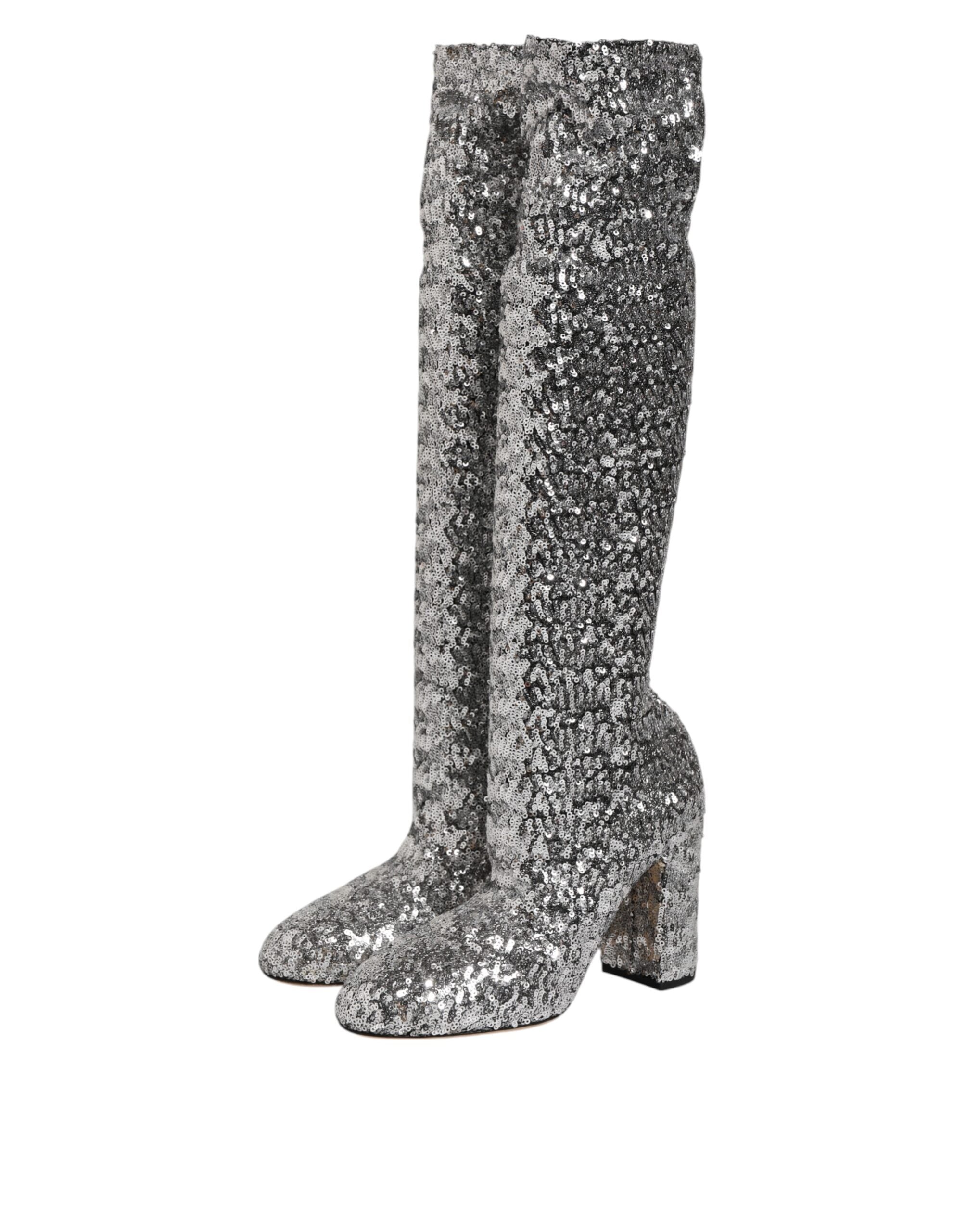Dolce & Gabbana Shoes Silver Sequins Glitter High Heel Boot Shoes - ACCEXO