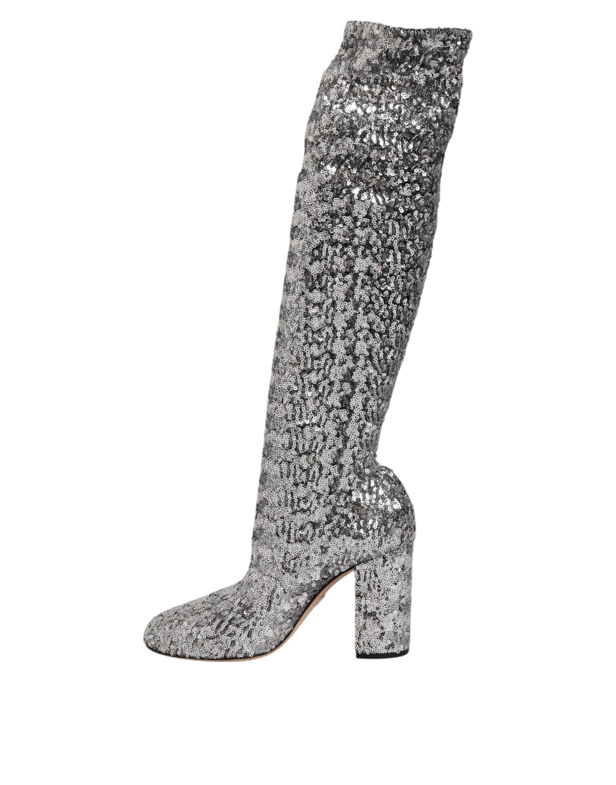 Dolce & Gabbana Shoes Silver Sequins Glitter High Heel Boot Shoes - ACCEXO