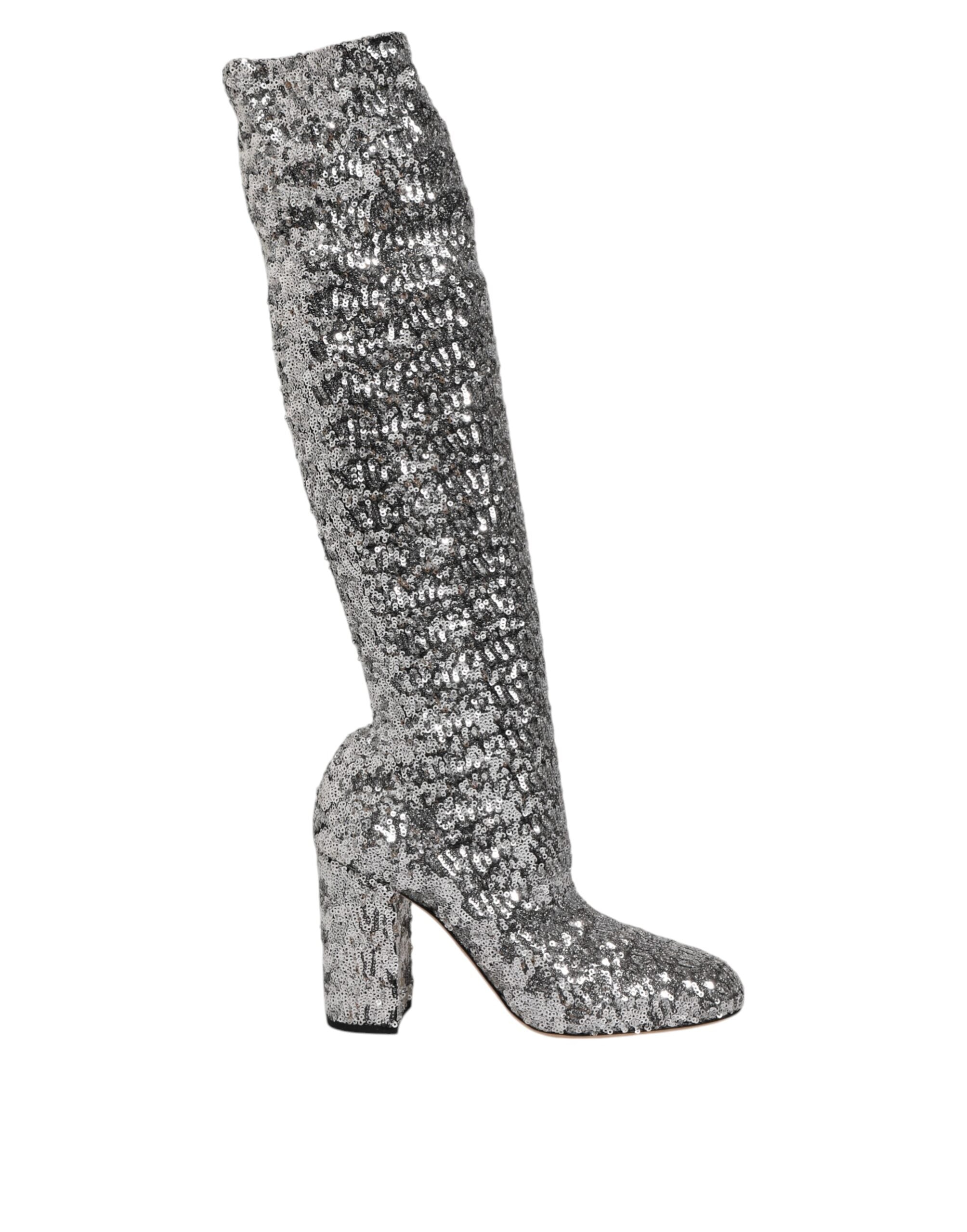 Dolce & Gabbana Shoes Silver Sequins Glitter High Heel Boot Shoes - ACCEXO