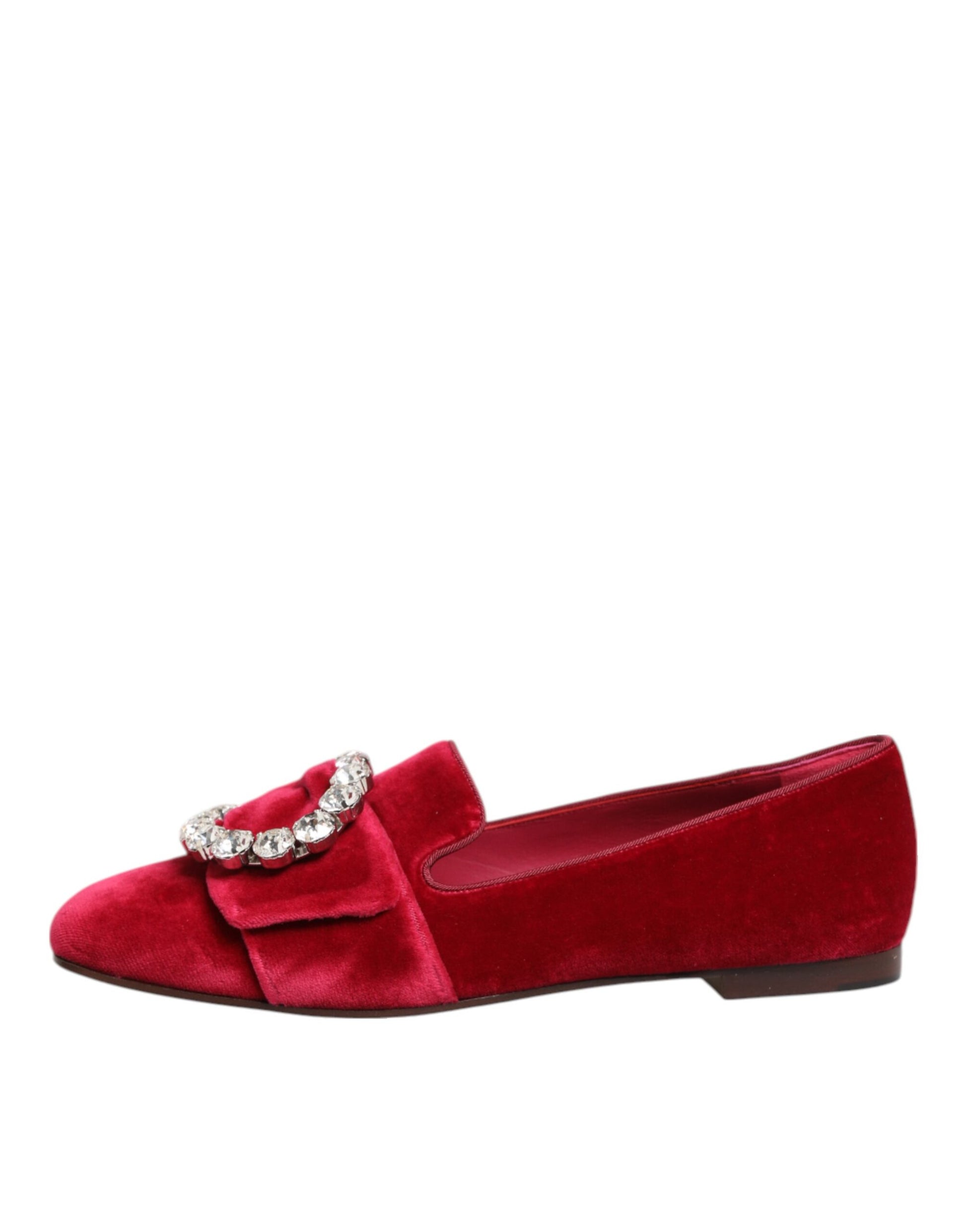 Dolce & Gabbana Red Velvet Crystal Buckle Loafers Flats Shoes - ACCEXO