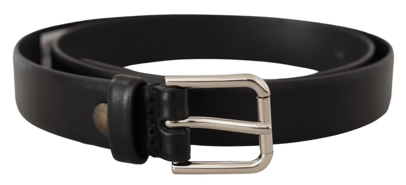 Dolce & Gabbana Black Calf Leather Silver Tone Logo Buckle Belt - ACCEXO