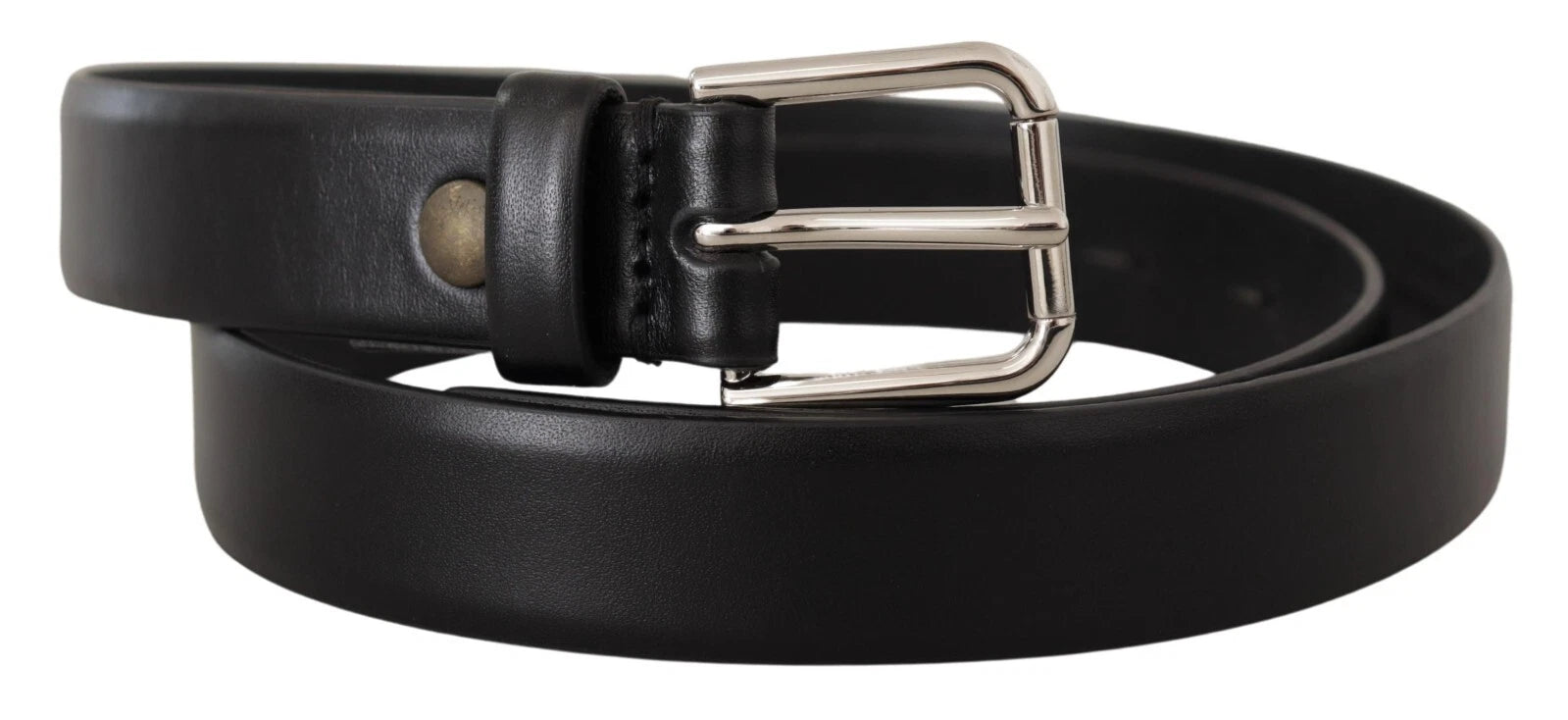 Dolce & Gabbana Black Calf Leather Silver Tone Logo Buckle Belt - ACCEXO