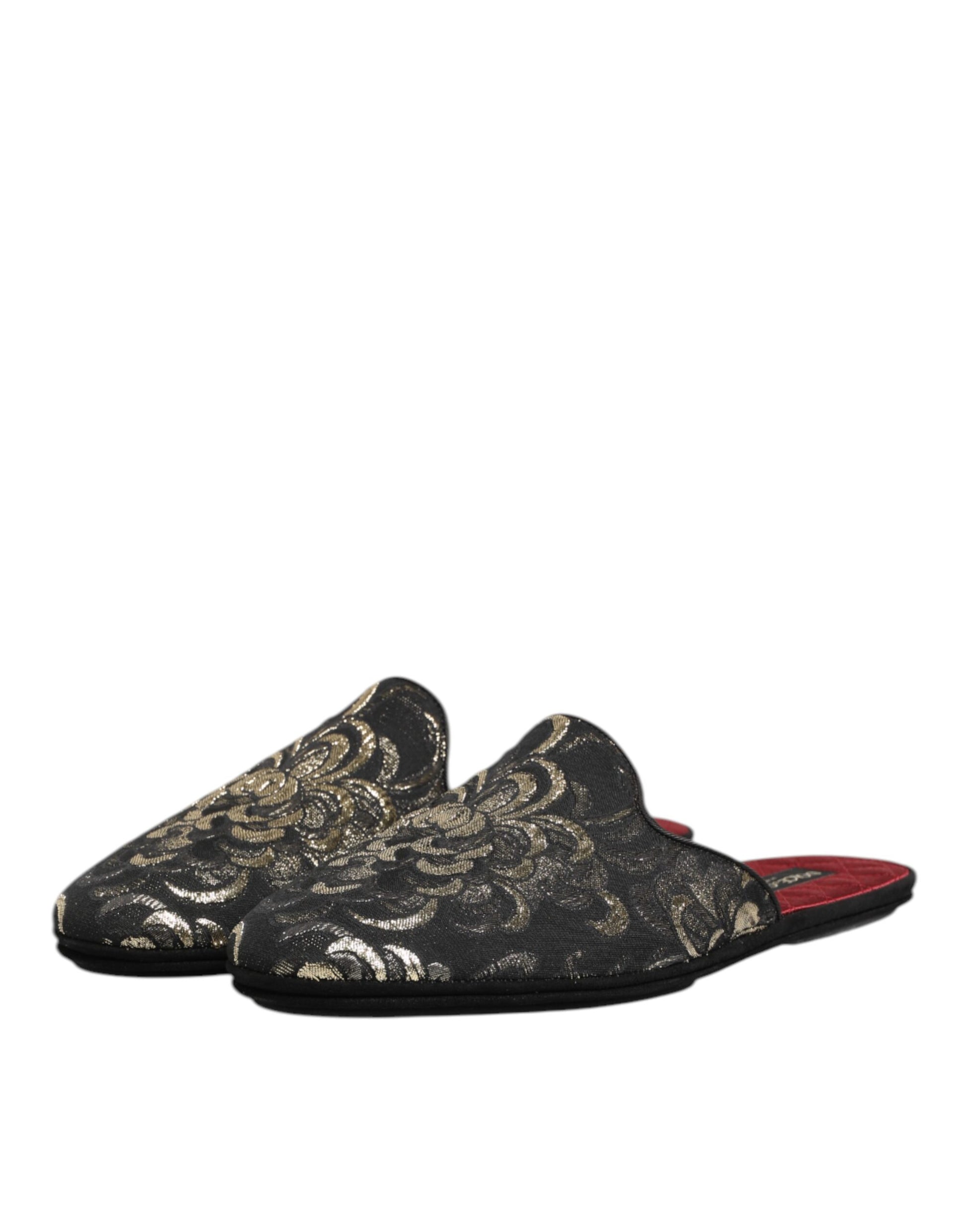 Dolce & Gabbana Black Floral Jacquard Slides Slippers Shoes - ACCEXO