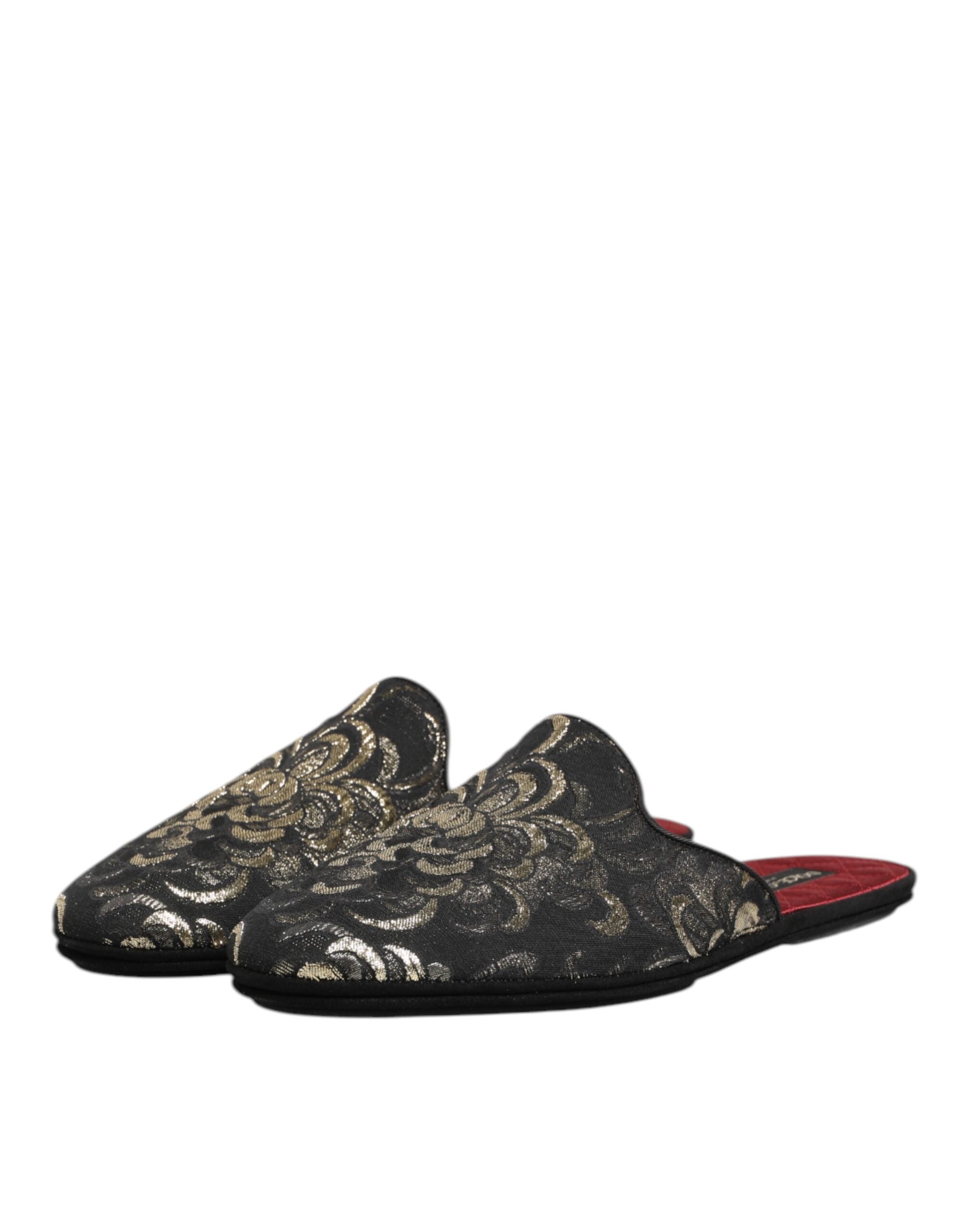 Dolce & Gabbana Black Floral Jacquard Slides Slippers Shoes - ACCEXO