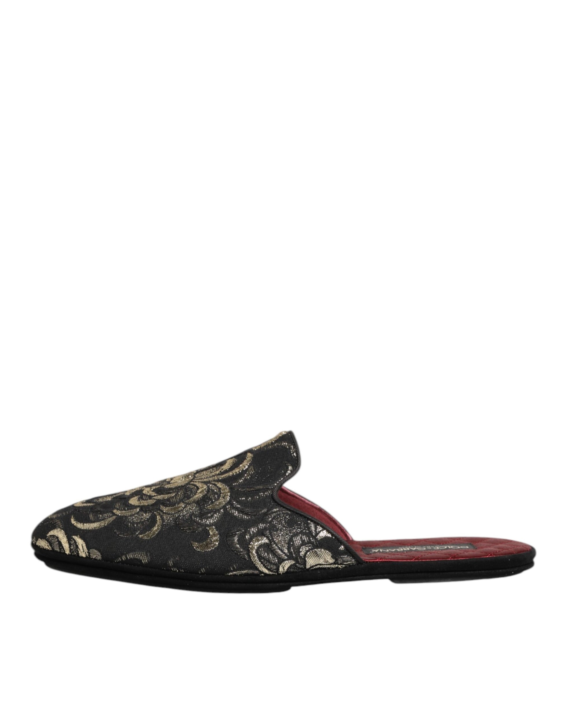 Dolce & Gabbana Black Floral Jacquard Slides Slippers Shoes - ACCEXO