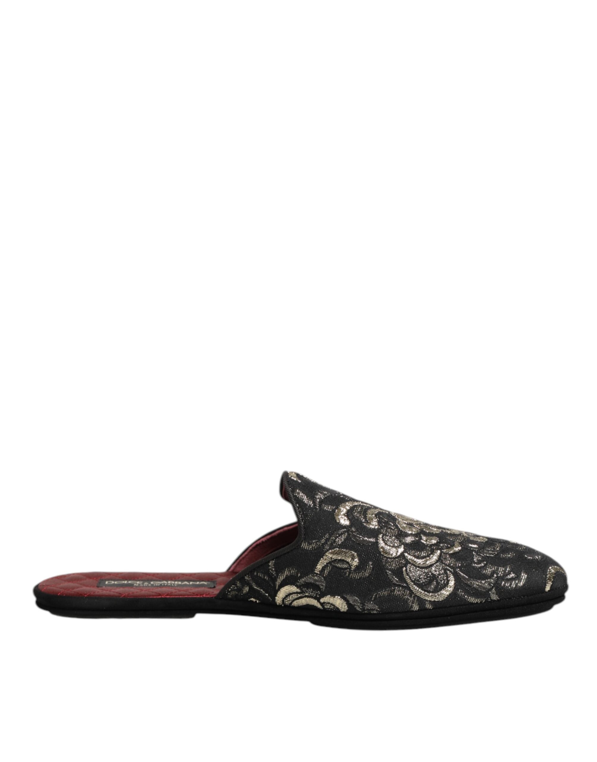 Dolce & Gabbana Black Floral Jacquard Slides Slippers Shoes - ACCEXO
