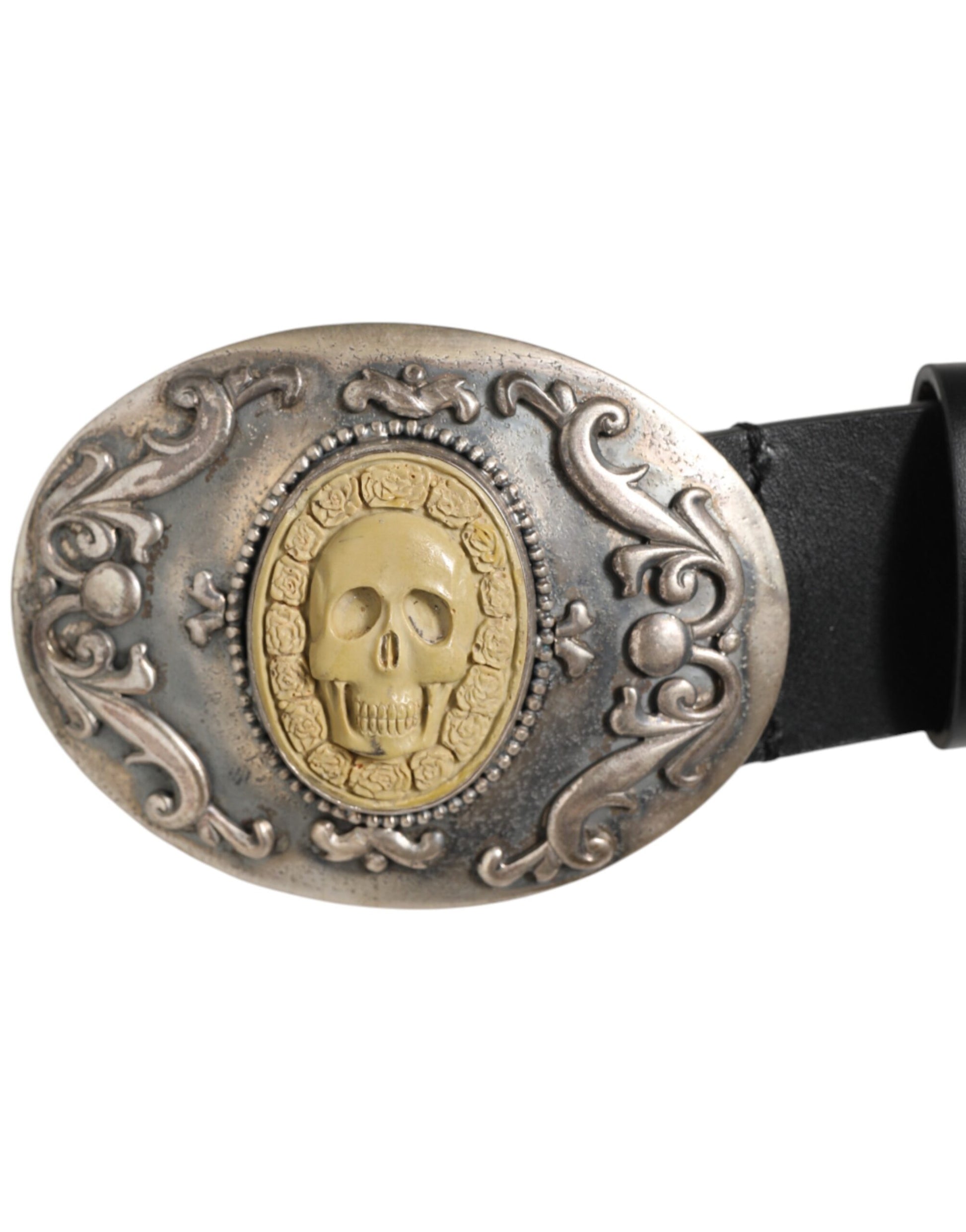 Dolce & Gabbana Black Leather Ornate Metal Buckle Men Belt - ACCEXO