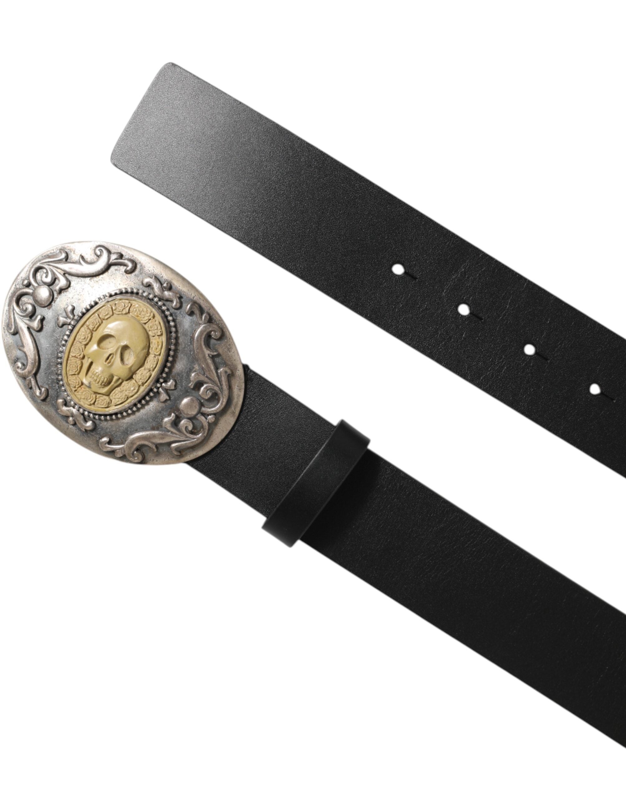 Dolce & Gabbana Black Leather Ornate Metal Buckle Men Belt - ACCEXO
