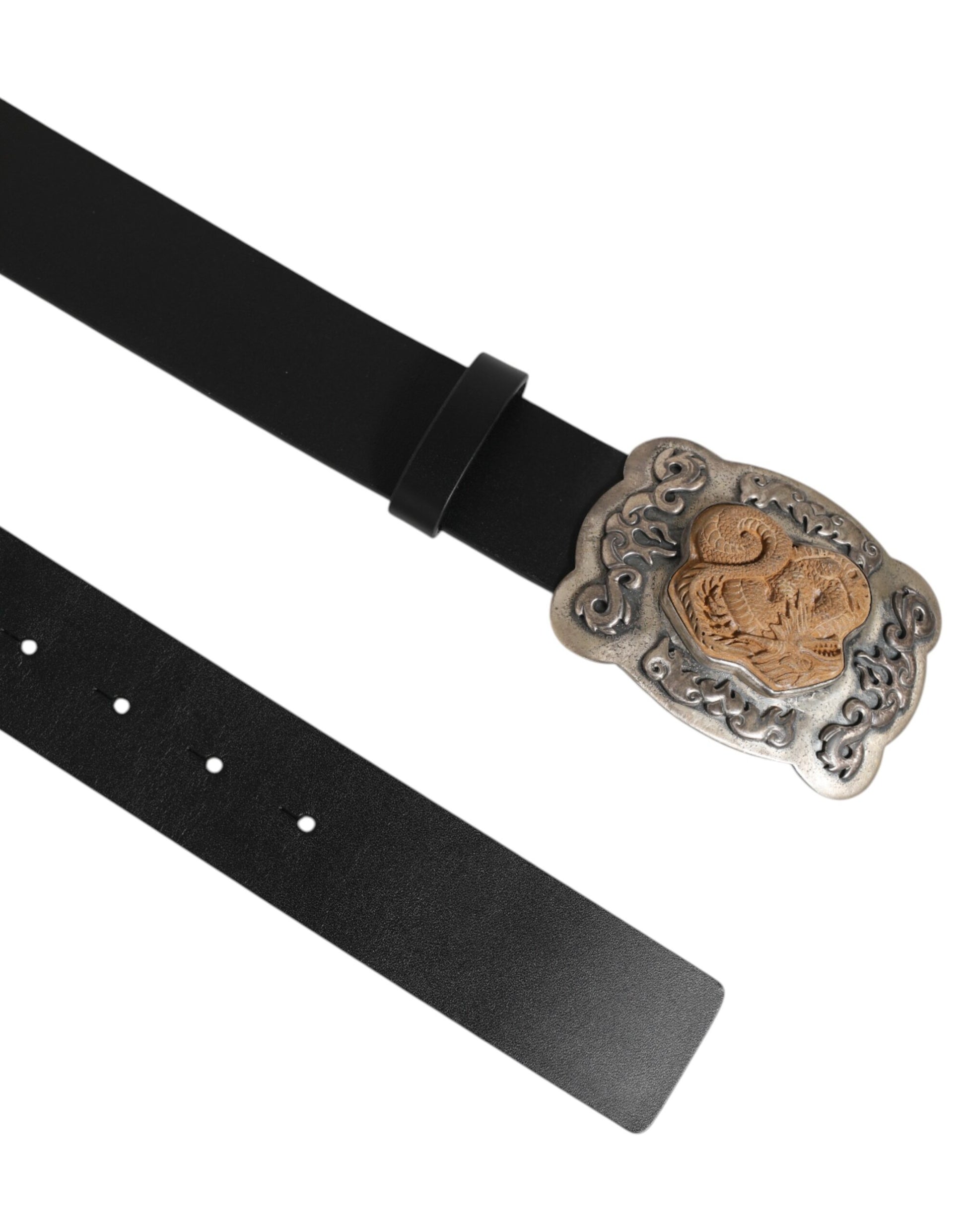 Dolce & Gabbana Black Leather Gothic Dragon Metal Buckle Belt - ACCEXO