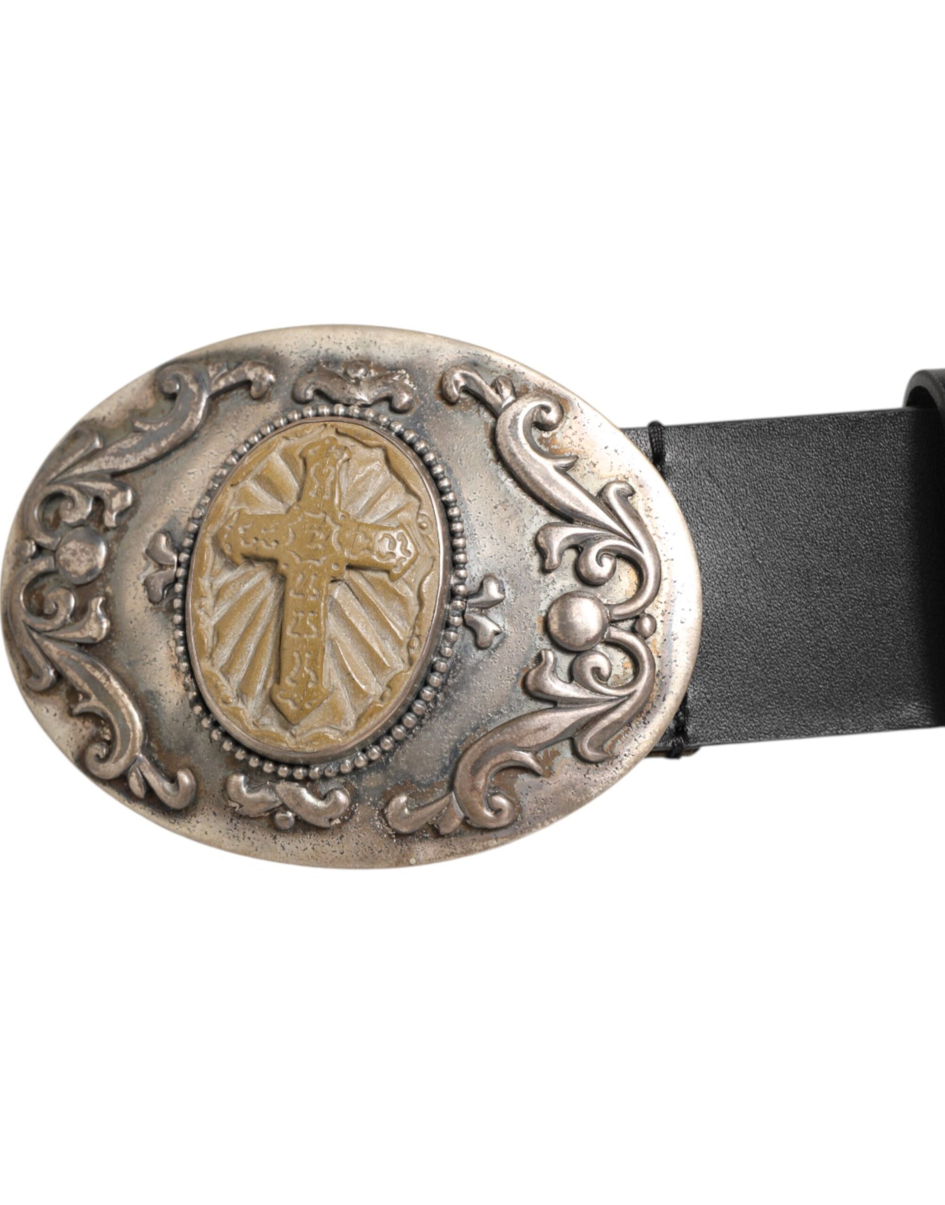 Dolce & Gabbana Black Leather Ornate Metal Buckle Men Belt - ACCEXO