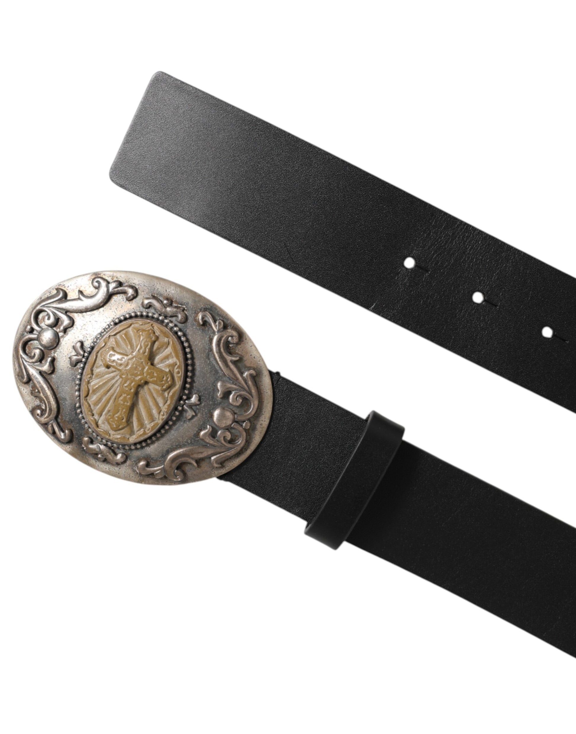 Dolce & Gabbana Black Leather Ornate Metal Buckle Men Belt - ACCEXO