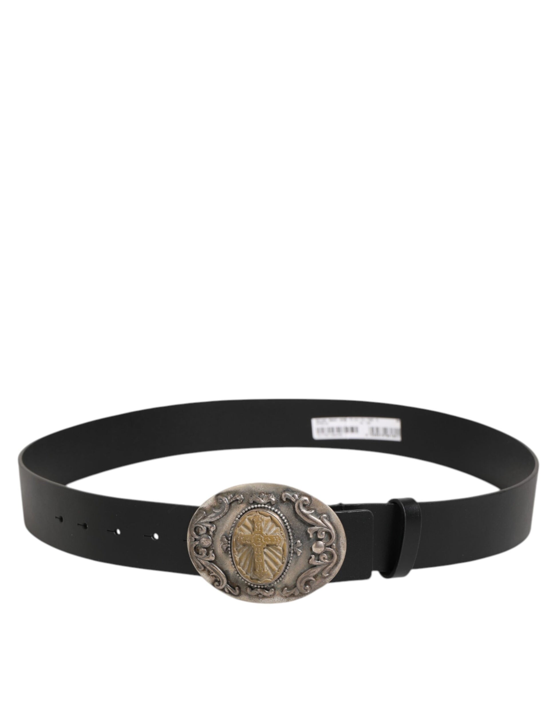 Dolce & Gabbana Black Leather Ornate Metal Buckle Men Belt - ACCEXO