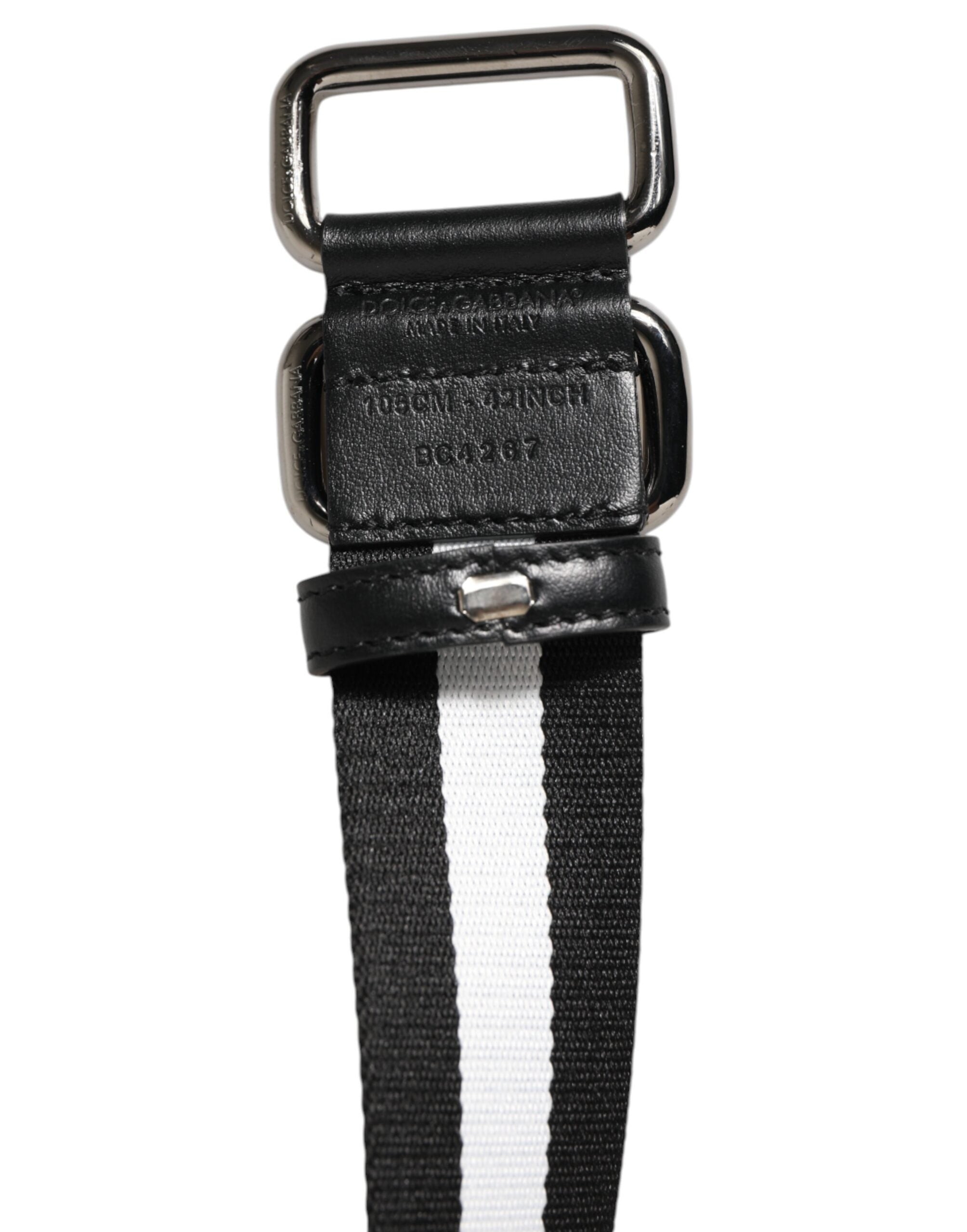 Dolce & Gabbana Black White Striped Metal Buckle Men Belt - ACCEXO