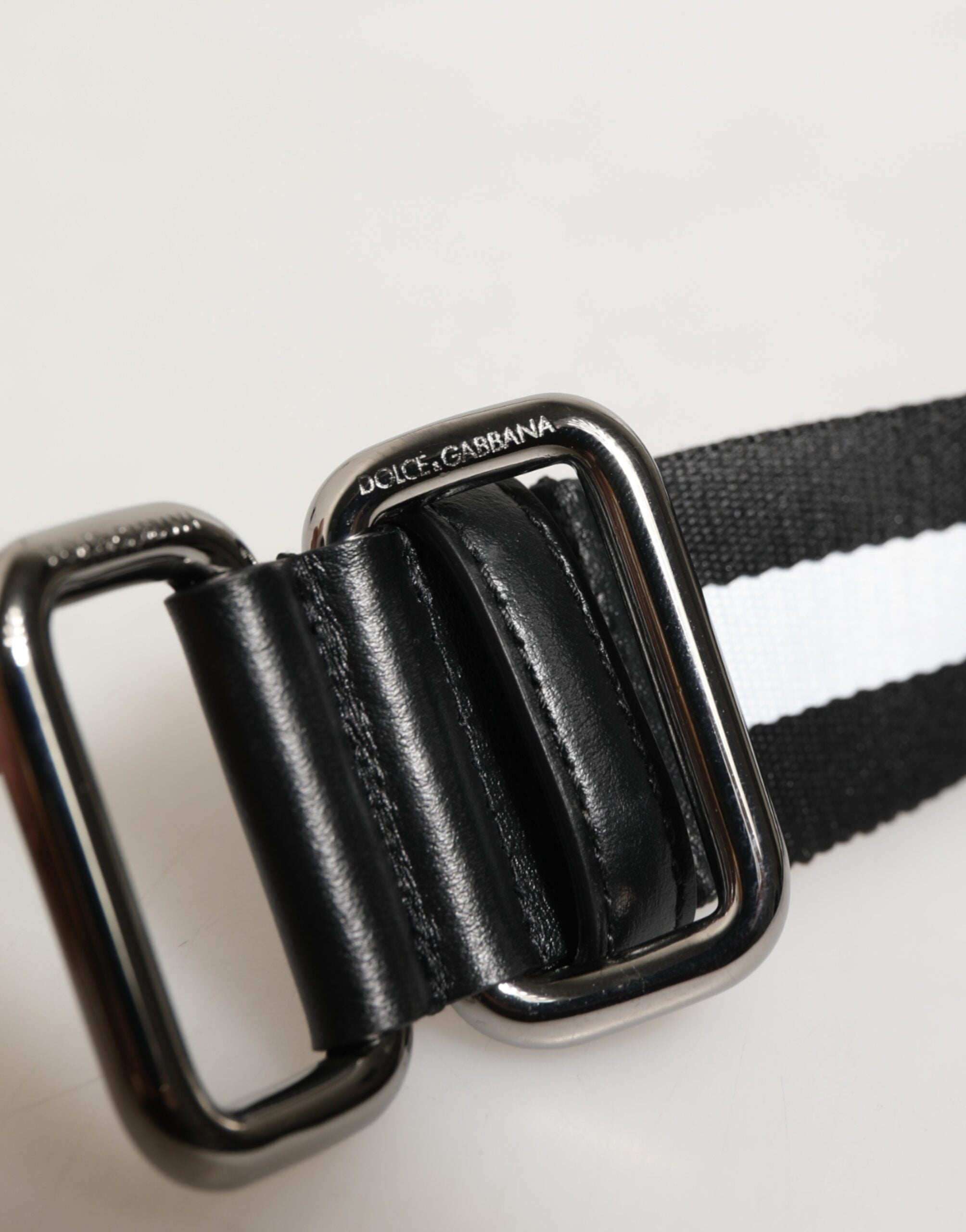 Dolce & Gabbana Black White Striped Logo Metal Buckle Belt - ACCEXO