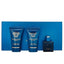 Versace Eros grooming set with three blue bottles on a blue background