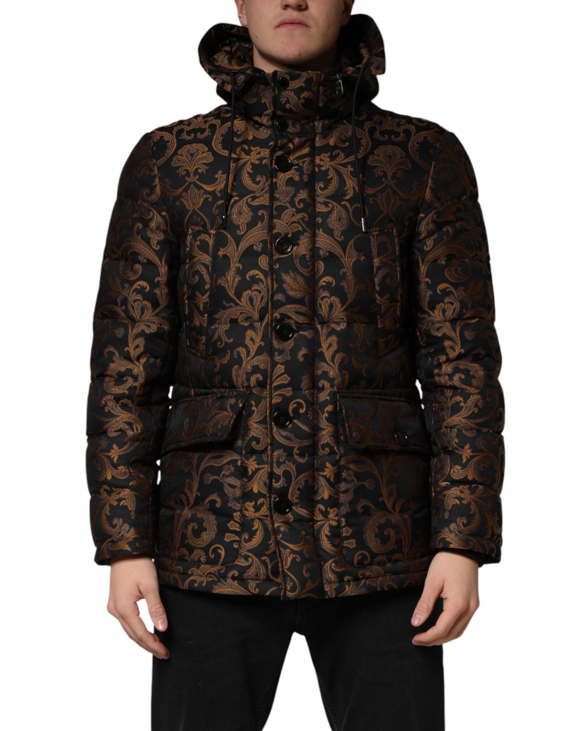 Dolce & Gabbana Black Floral Jacquard Quilted Hooded Jacket for Men