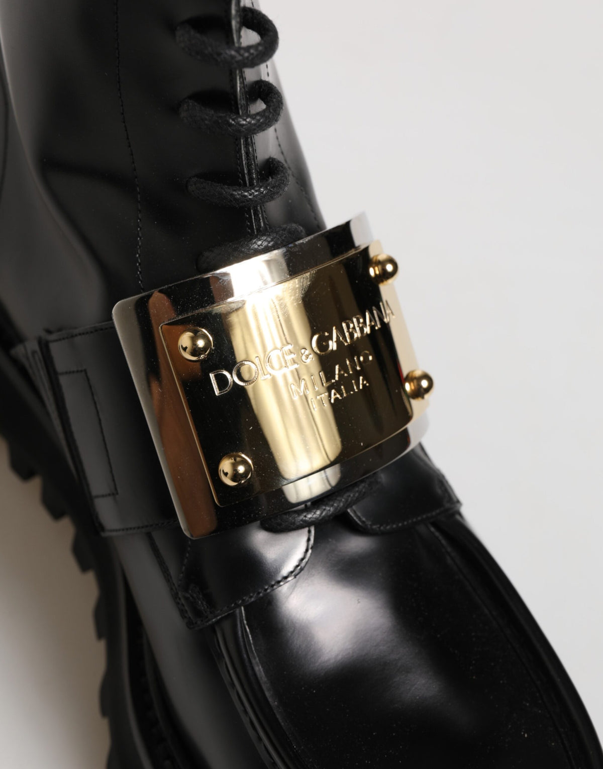 Dolce & Gabbana Black Leather DG Plaque Lace Up Boots Shoes