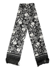 Dolce & Gabbana Black White Silk Floral Print Fringe 136cm X 15.5cm  Scarf