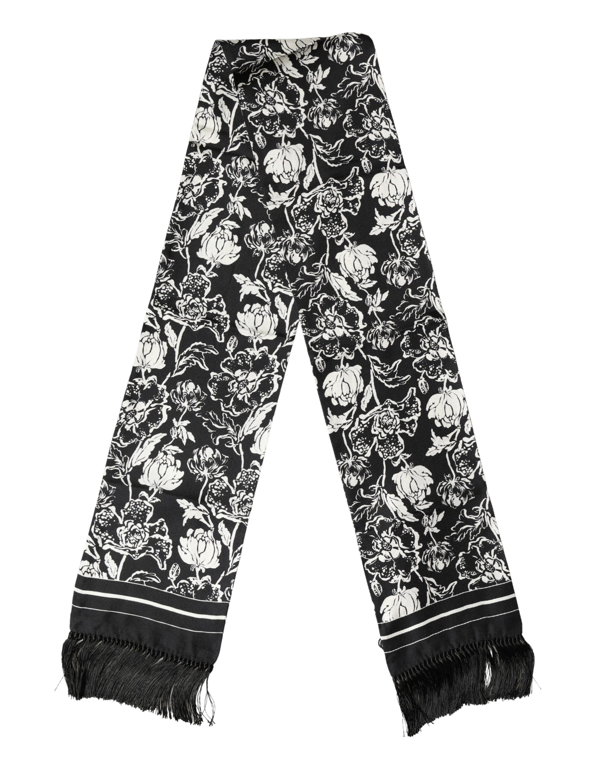 Dolce & Gabbana Black White Silk Floral Print Fringe 136cm X 15.5cm  Scarf