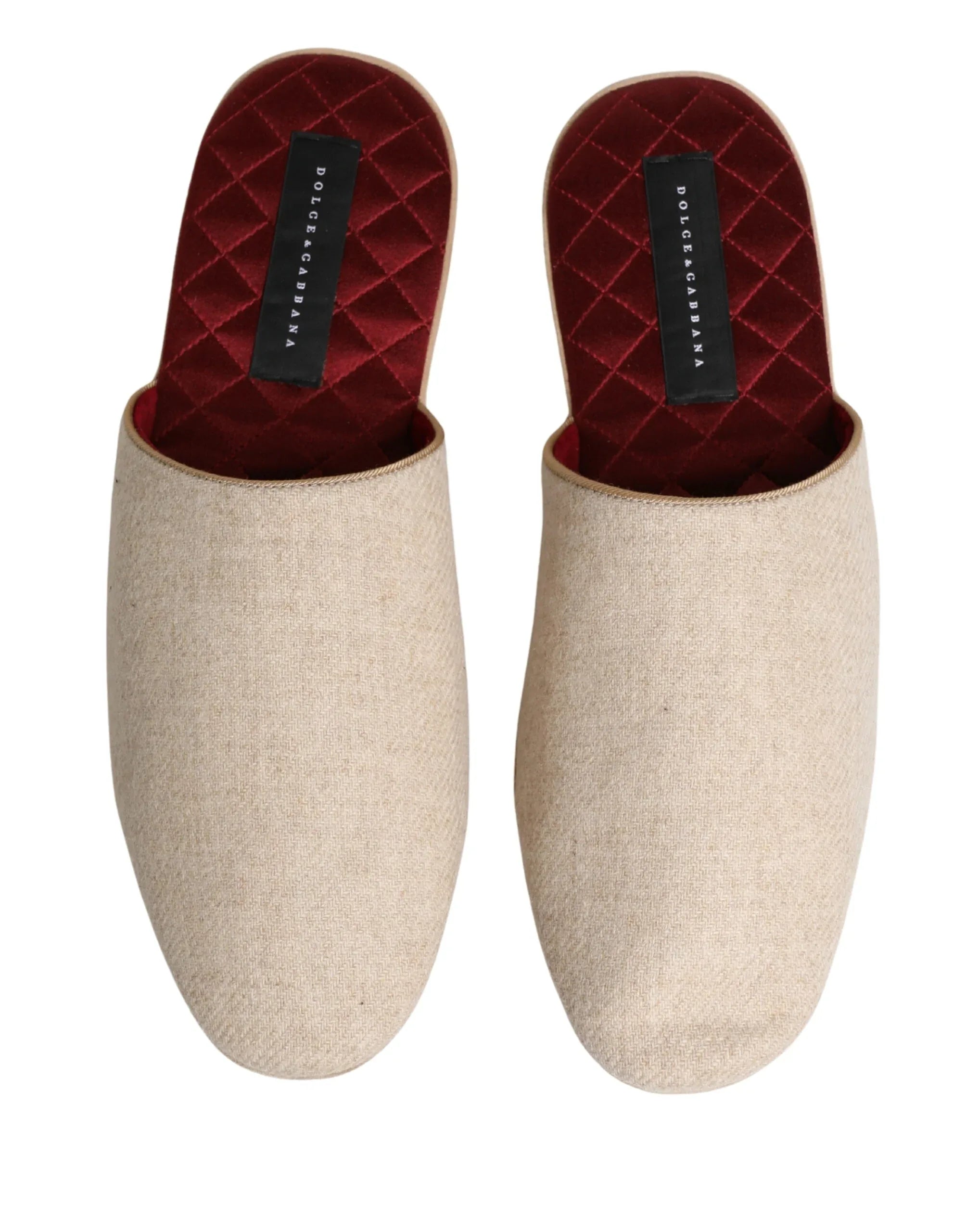 Dolce & Gabbana Beige Shetland Wool Red Quilted Slippers Shoes - Zachava