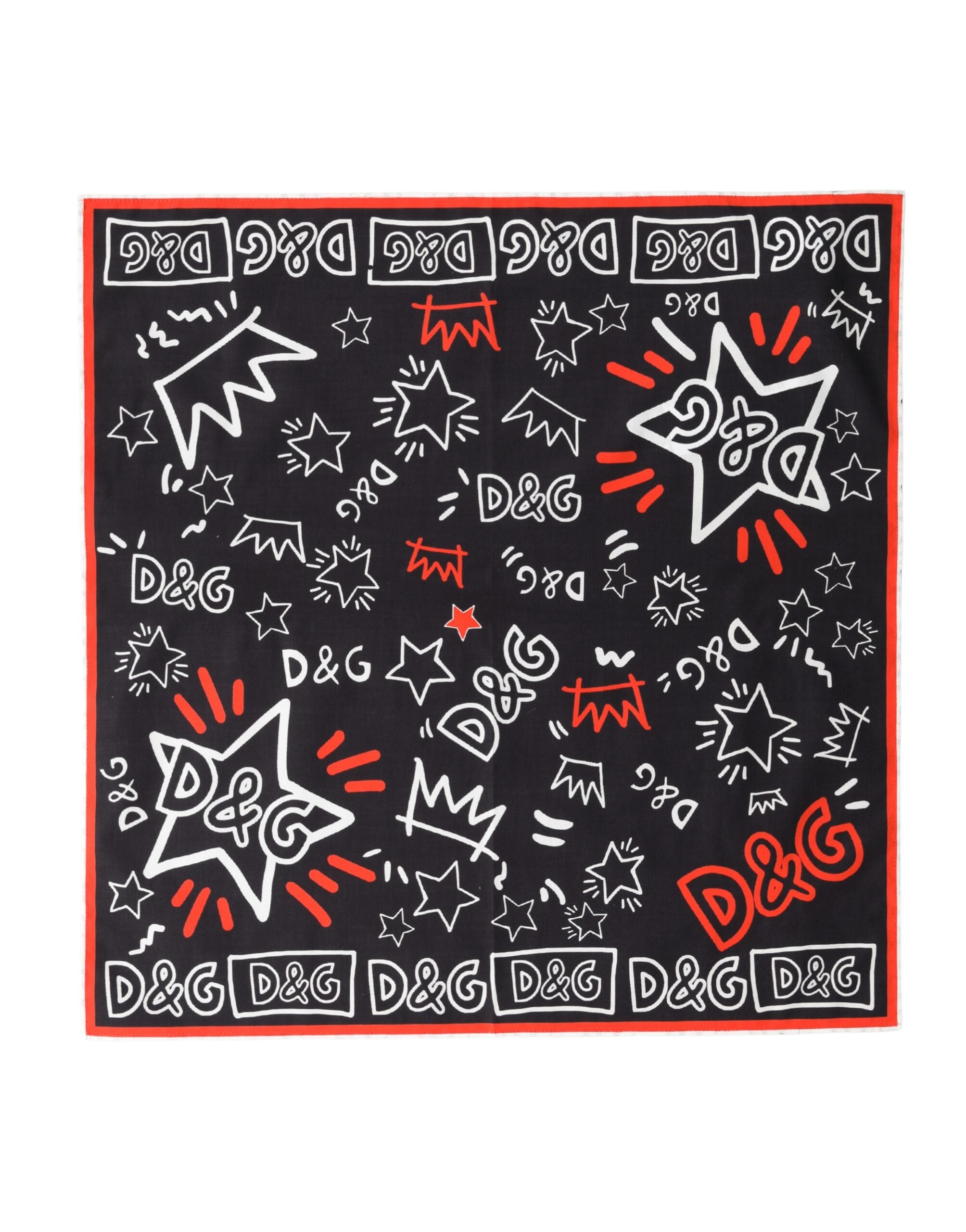Dolce & Gabbana Black White Red DG Crown Cotton Foulard 47cm x 46cm Scarf for Women