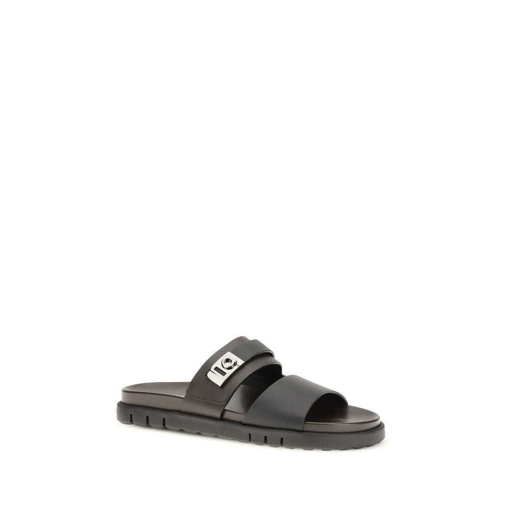 Ferragamo Black Calf Leather Bos Taurus Sandals