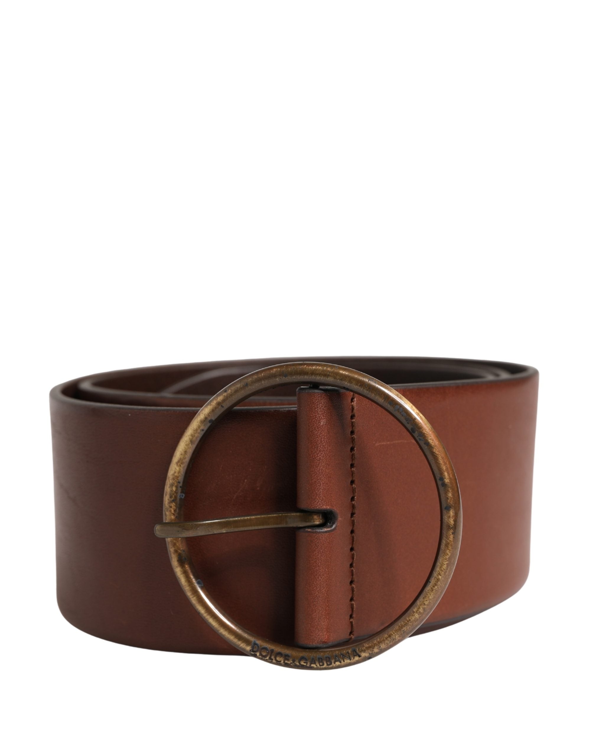 Dolce & Gabbana Brown Leather Wide Waist Metal Round Belt for Men