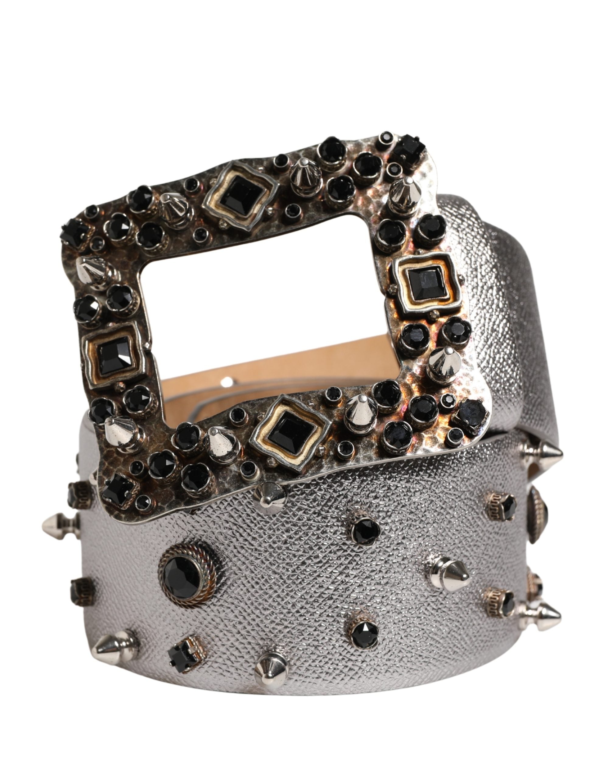 Dolce & Gabbana Silver Leather Crystal Metal Buckle Belt for Women