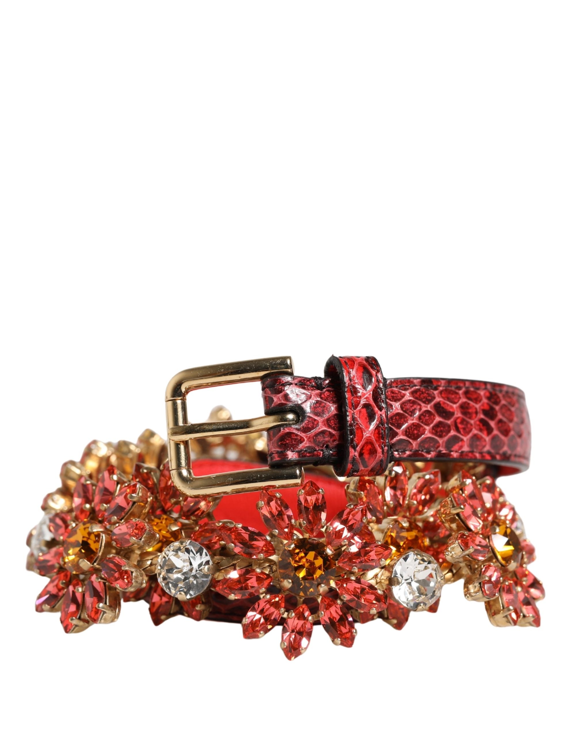 Dolce & Gabbana Red Leather Daisy Crystal Embellished Waist Belt for Women