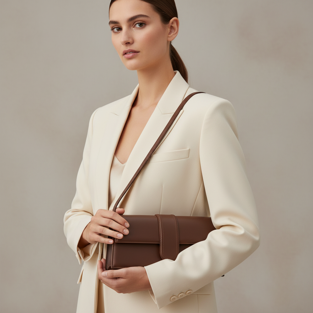 Brown handbag with a strap on a white background, featuring the brand 'Jacquemus'.