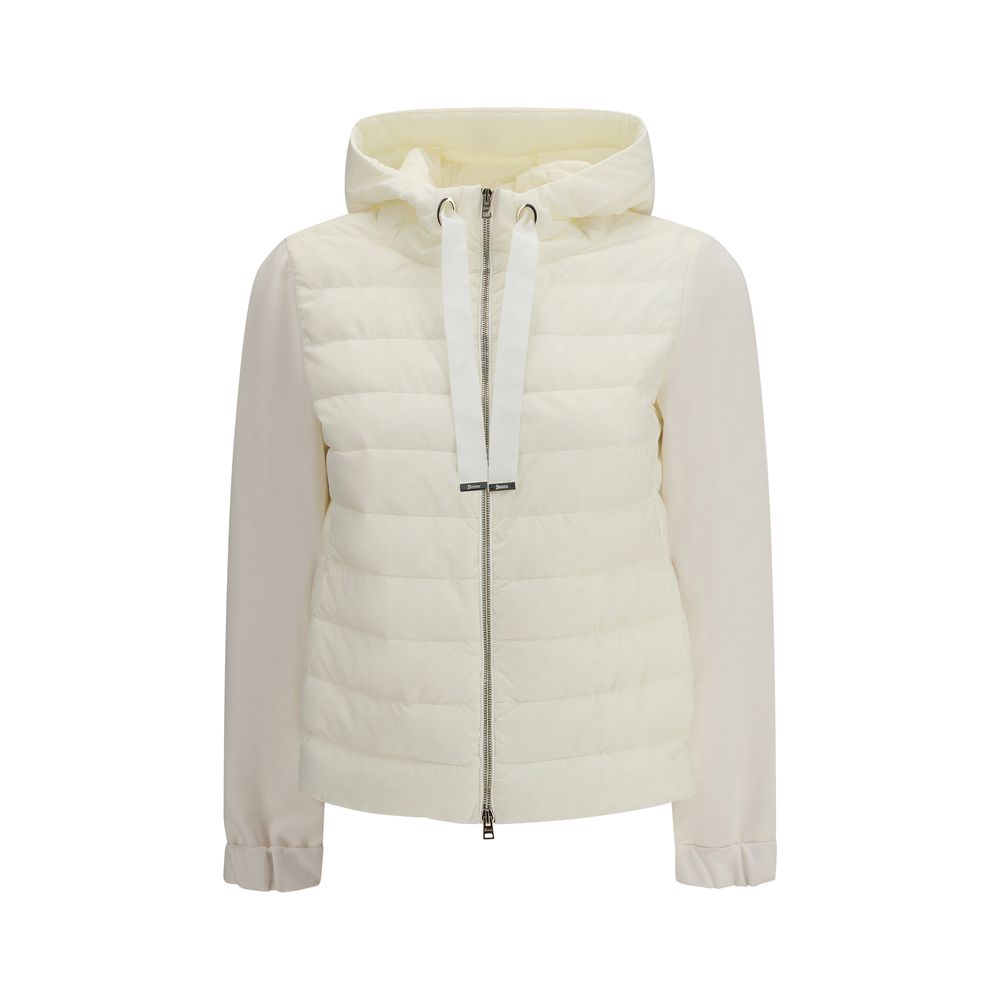 White puffer jacket with a hood on a white background