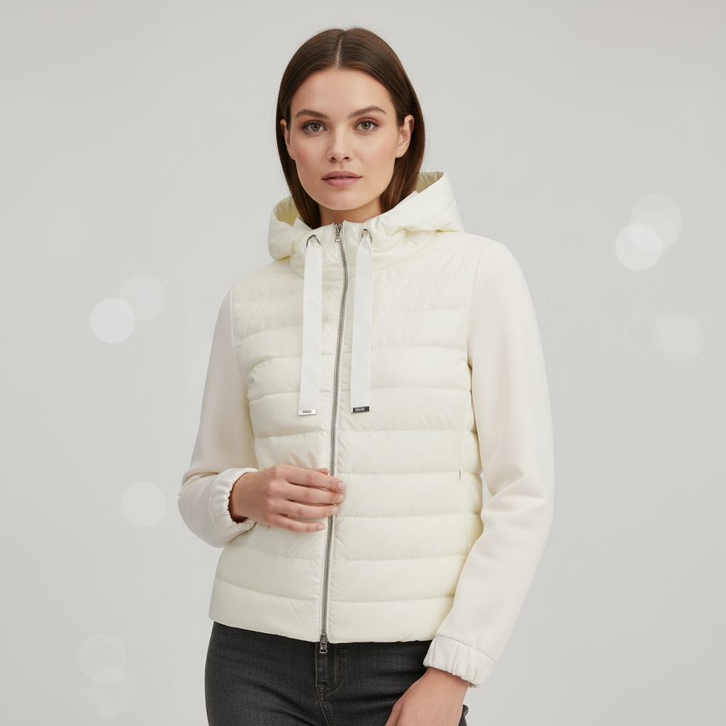 Woman wearing a white puffer jacket on a light gray background