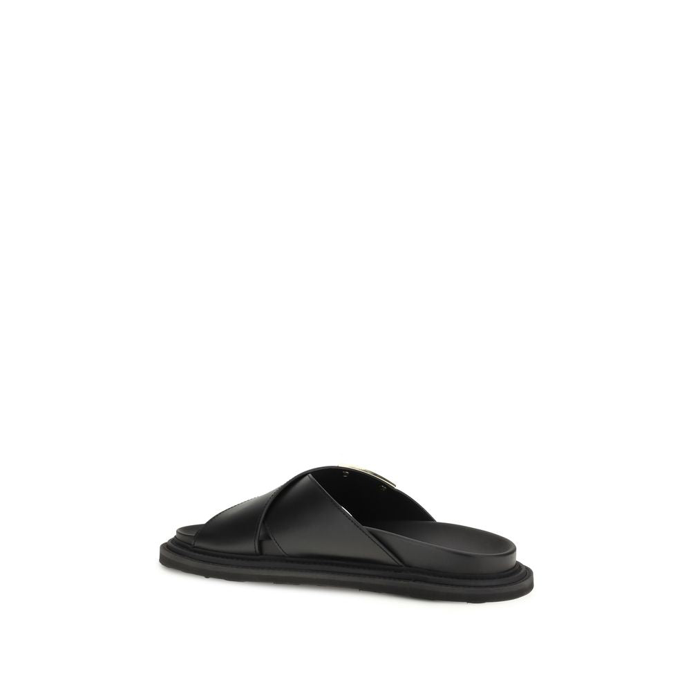 Moschino Black Calf Leather Bos Taurus Flat Sandals