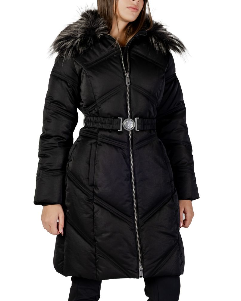 Black winter coat with fur hood on a white background